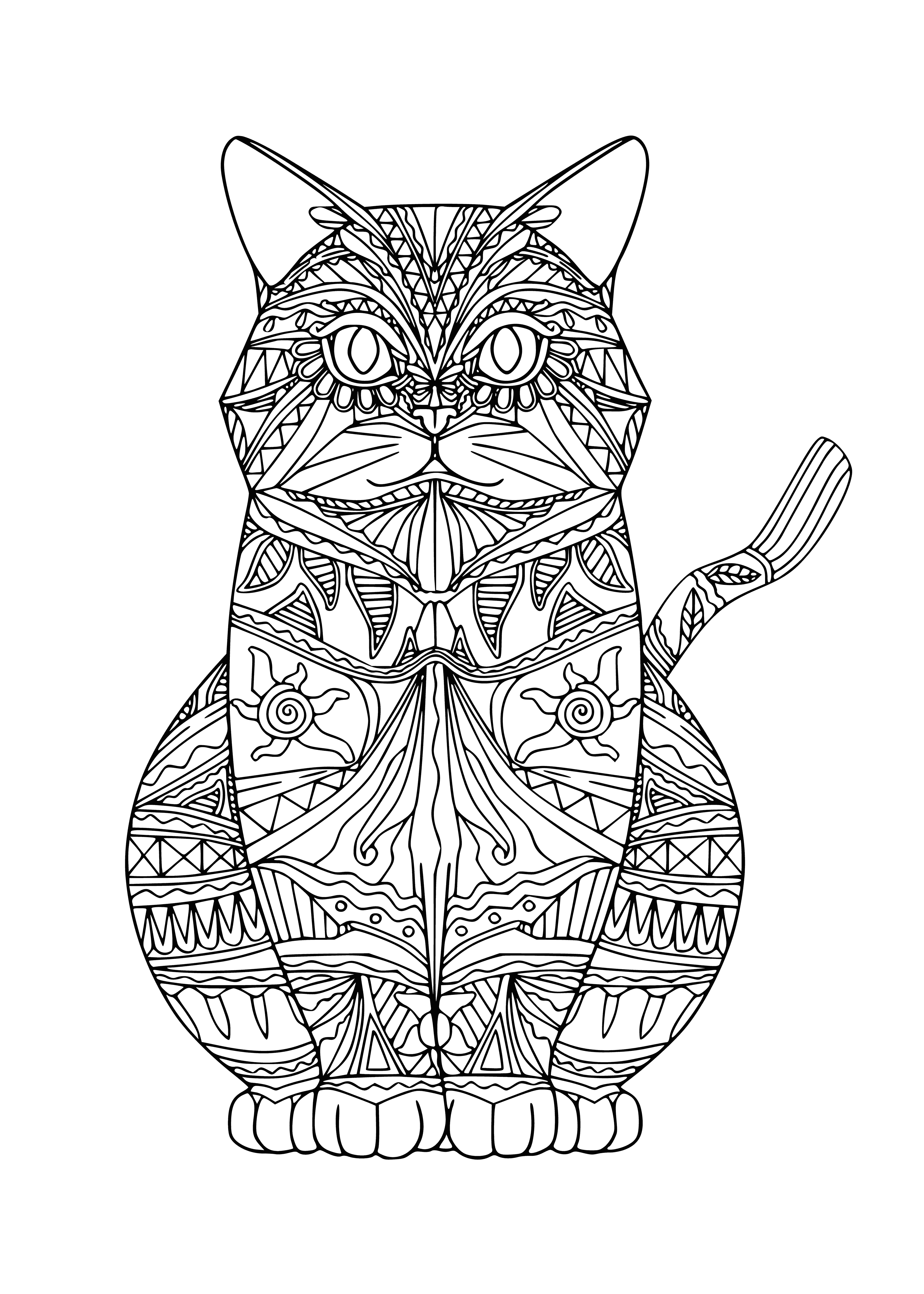 coloring page: Kitty is peacefully curled up, white w/light brown patches, eyes closed, resting head on paw. #CatsInTheirNaturalState