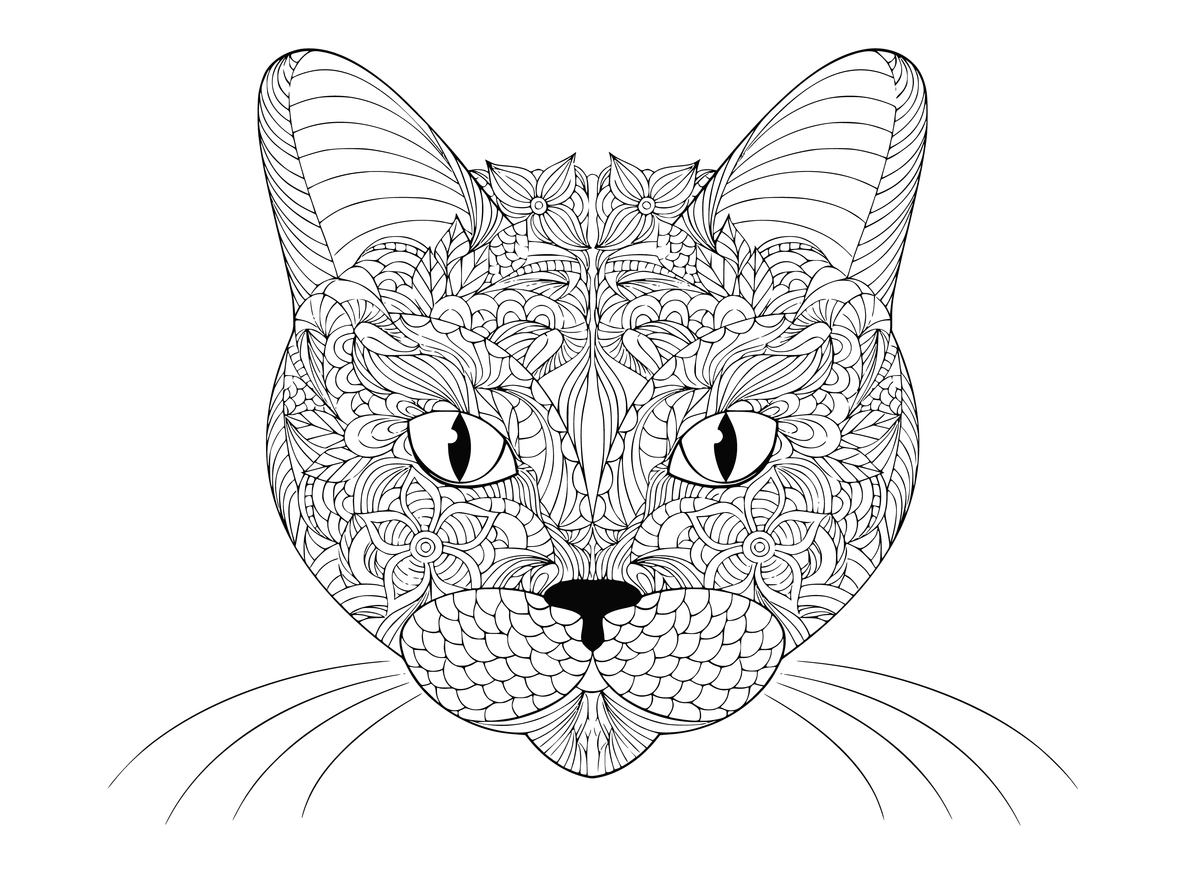 coloring page: Close-up of a cat's face with tongue out & whiskers; blue & purple gradient bg.
