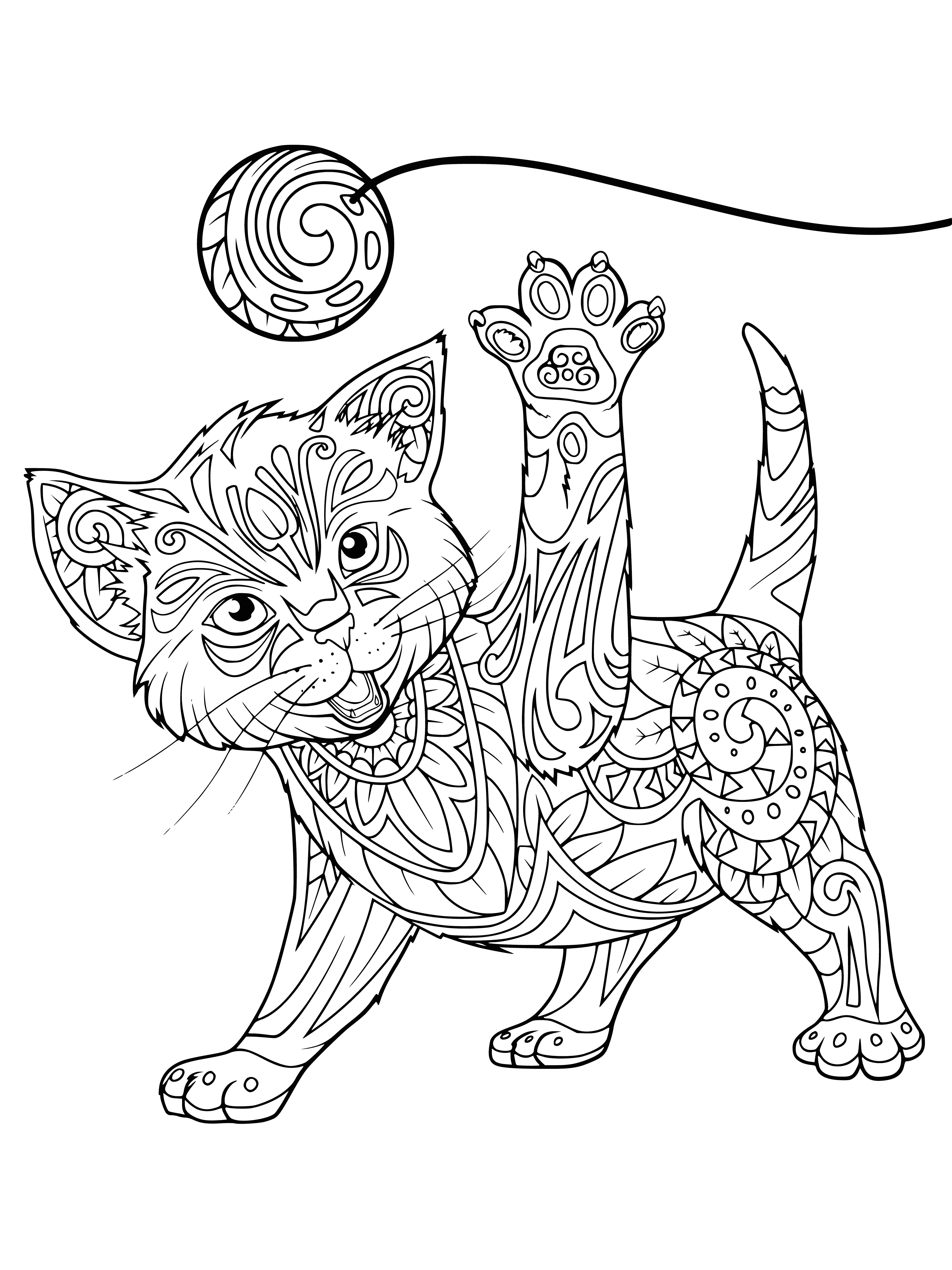 coloring page: Kitten plays with purple yarn ball, leaping and batting, soft pink fur, alert big eyes, against gradient of three blues. #kitten #yarn #fun #cute