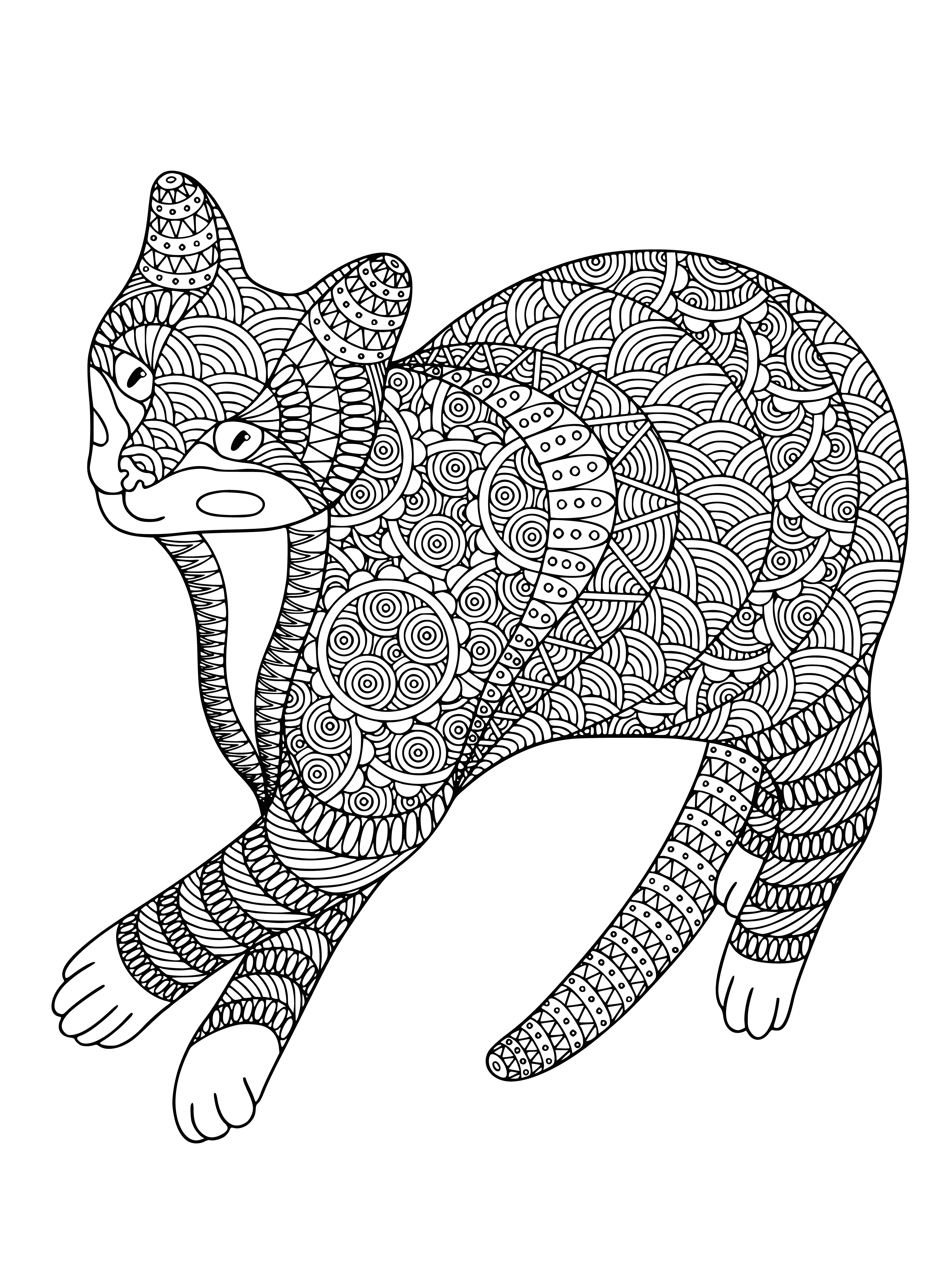 coloring page: Black & white cat lounges, left paw out, right tucked. Tail curled around leg. Gazing at the sky. #catlife #relaxation