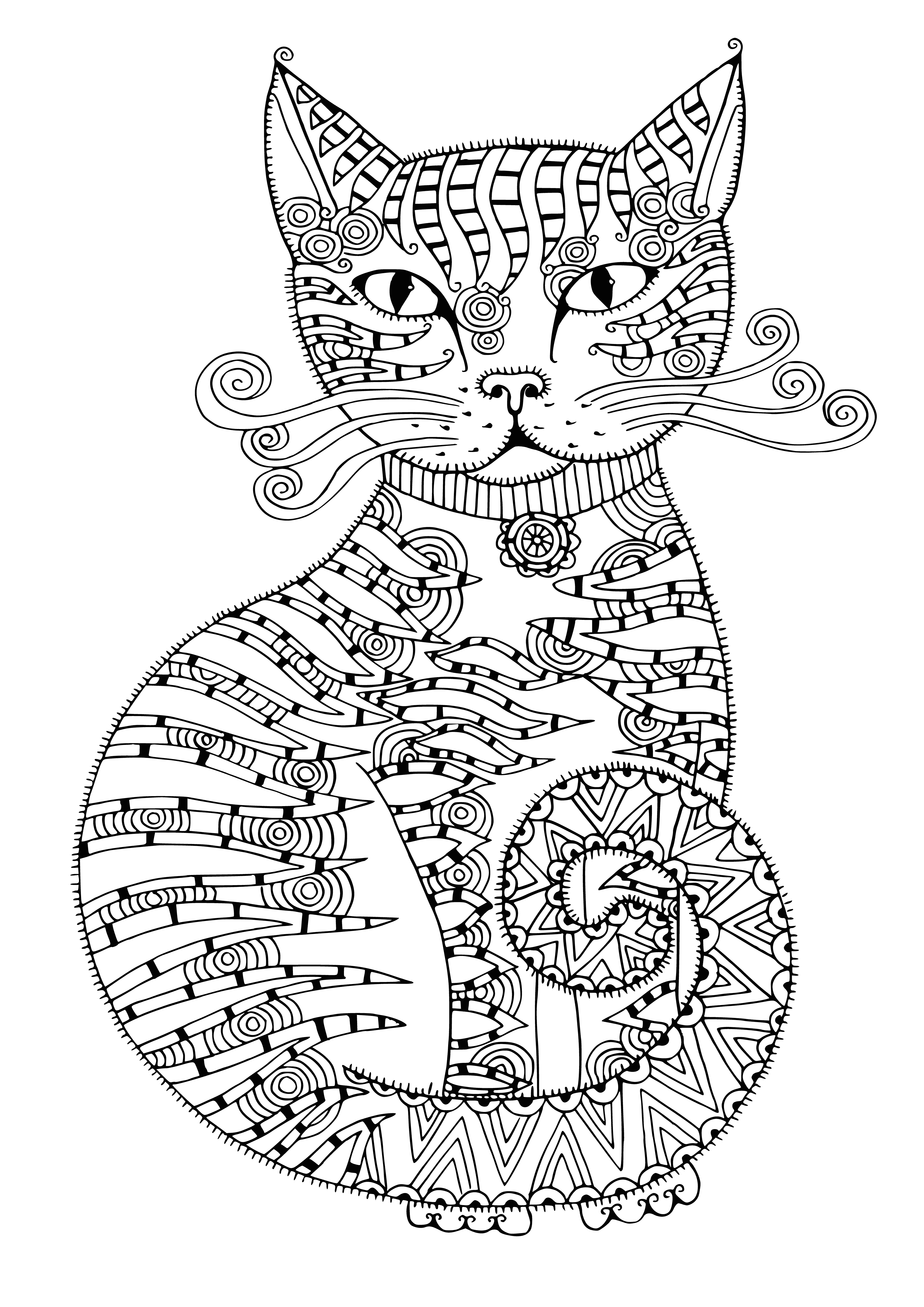 coloring page: Cats of different colors lounging, napping, and grooming themselves peacefully.