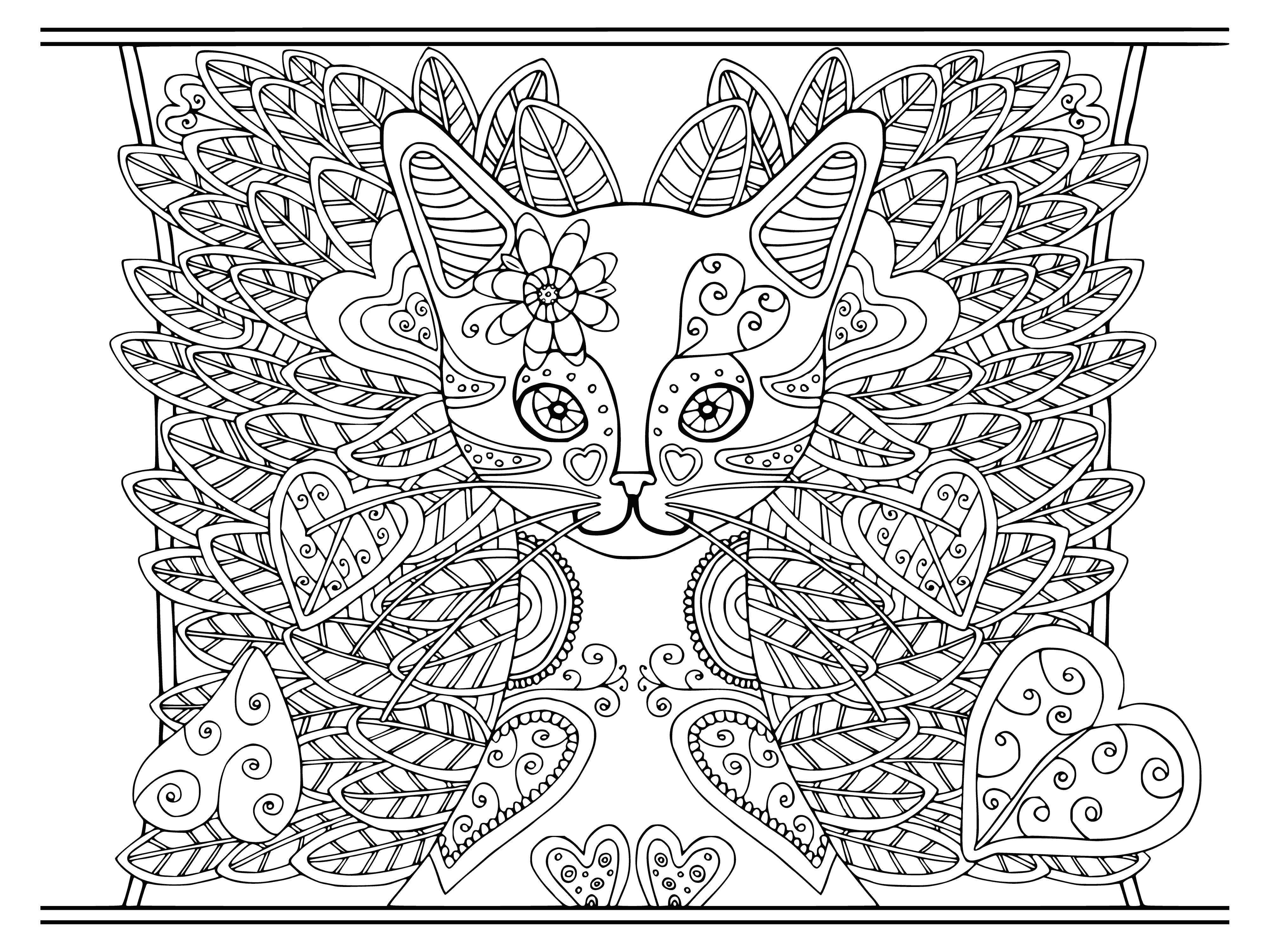coloring page: Stressed cat with dark fur & large yellow eyes has its head in its paw.