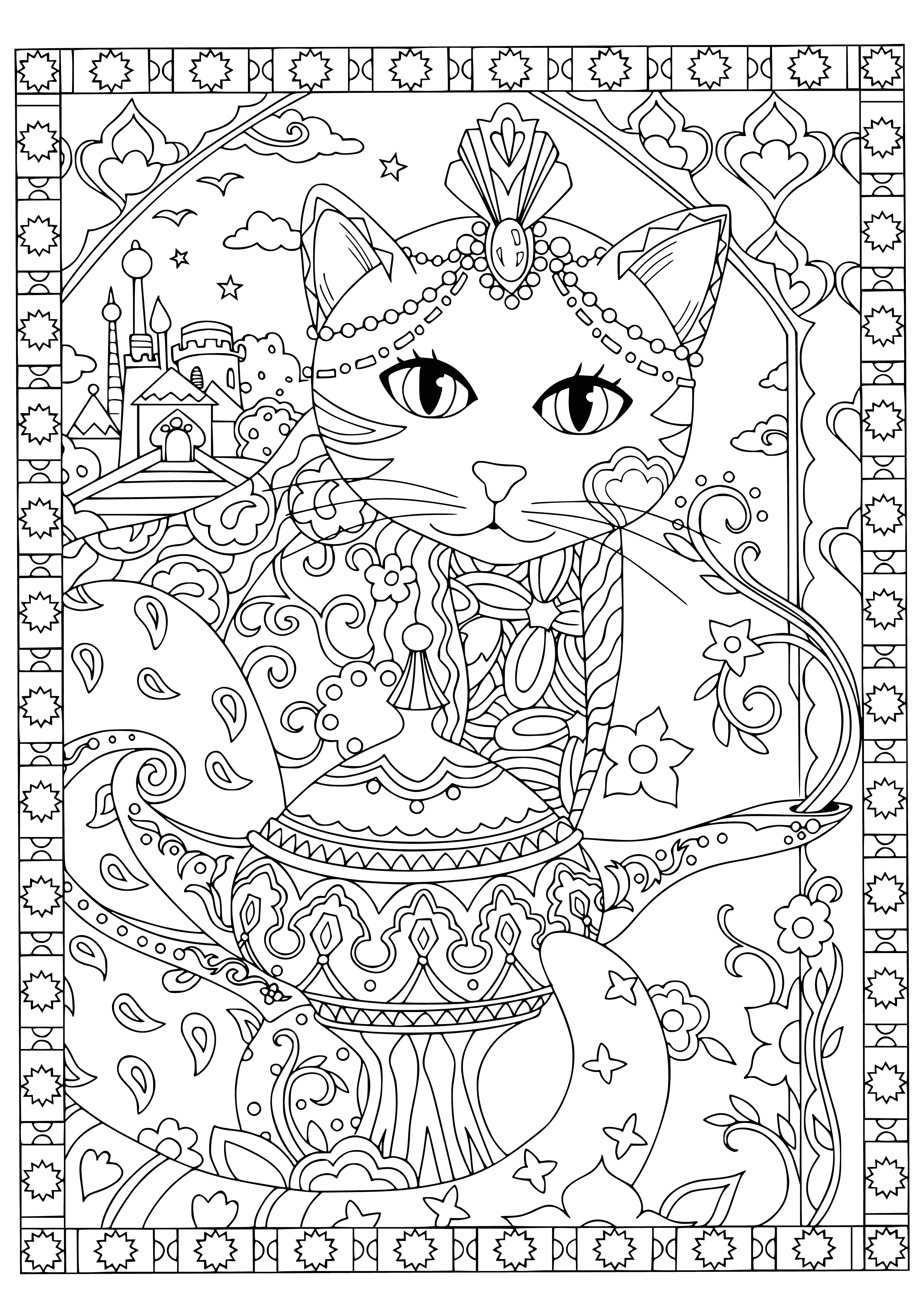 coloring page: Two cats sit either side of a low table with a teapot and two bowls, one full and one empty. One cat's paw in the empty bowl, the other reaching for the full bowl.