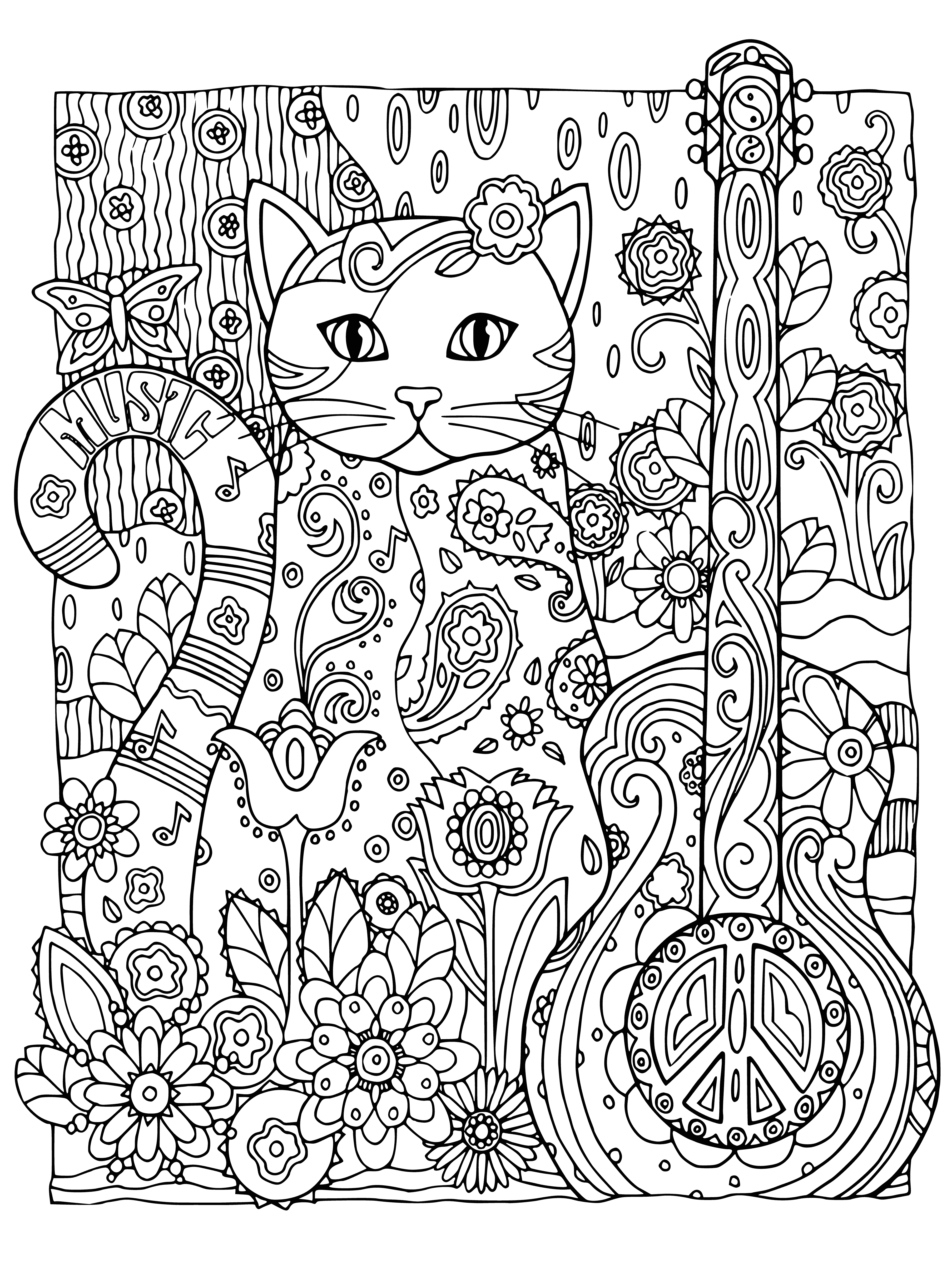 coloring page: Relaxing coloring pages of cats in various positions, some sleeping plus soothing background music.