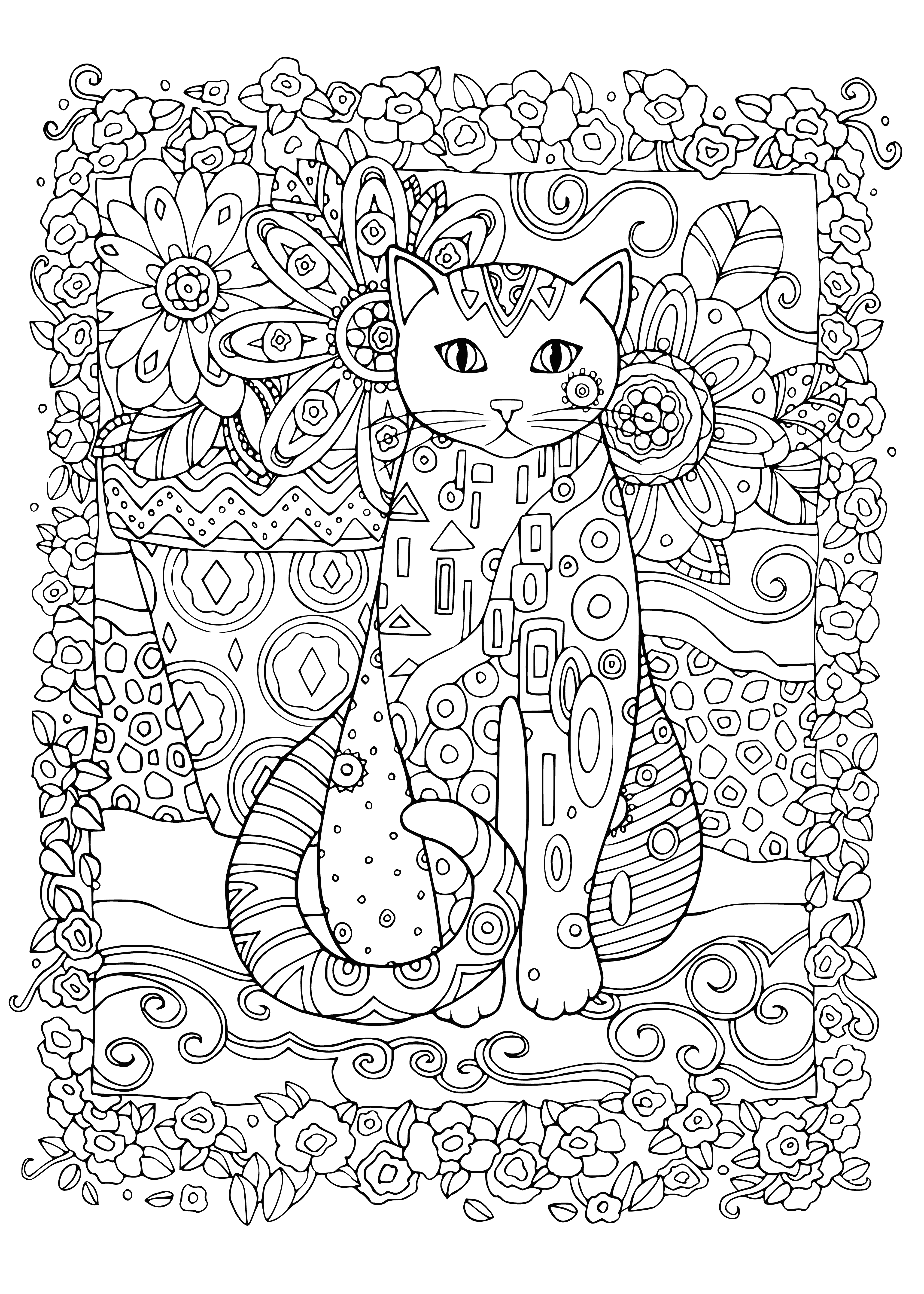 coloring page: A black cat with a blue collar and bell sits in a field of multicolored flowers.
