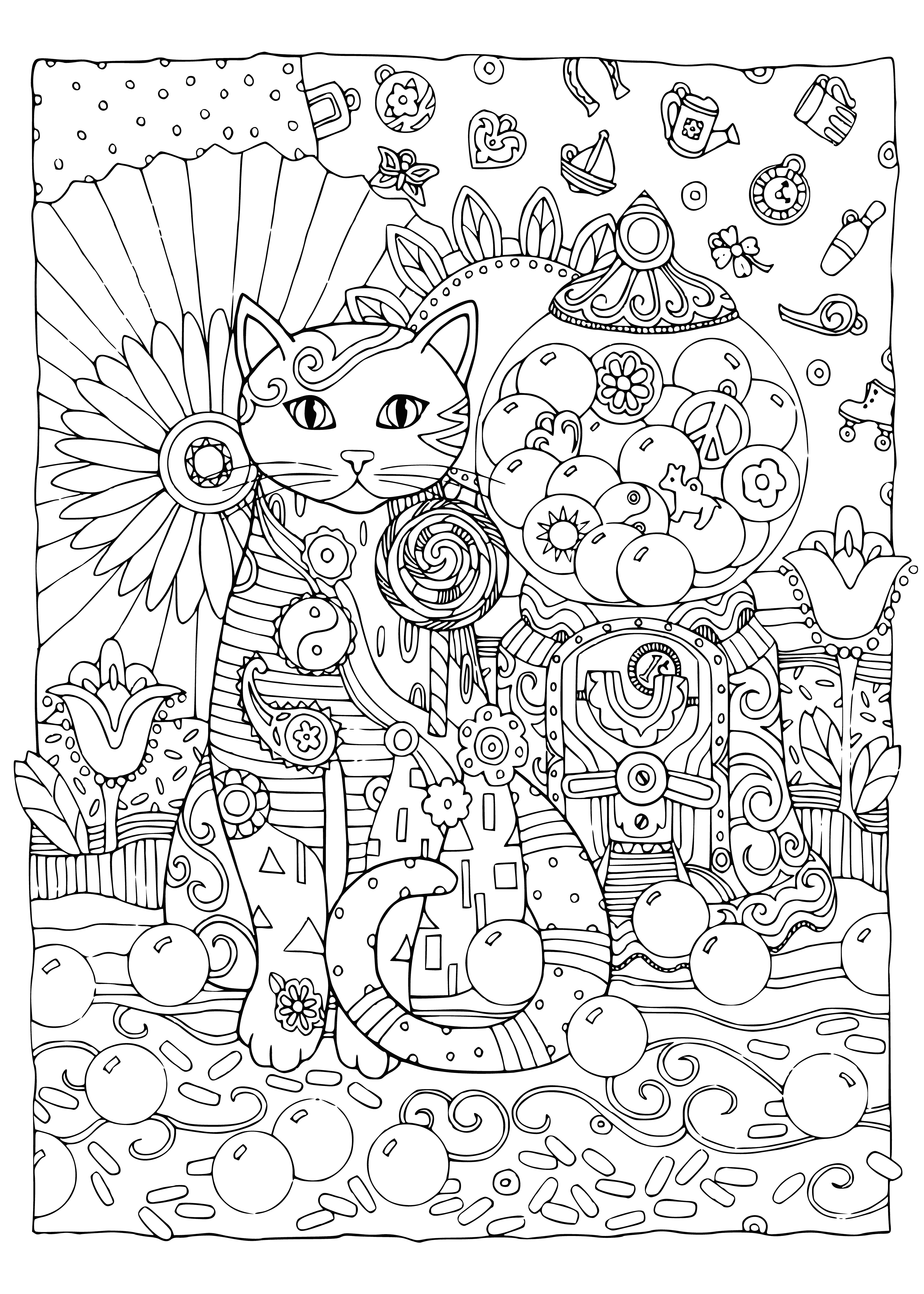 coloring page: Cats enjoy different flavored ice cream cones: cherry & chocolate with mint, waffle & blue with strawberry & cotton candy.