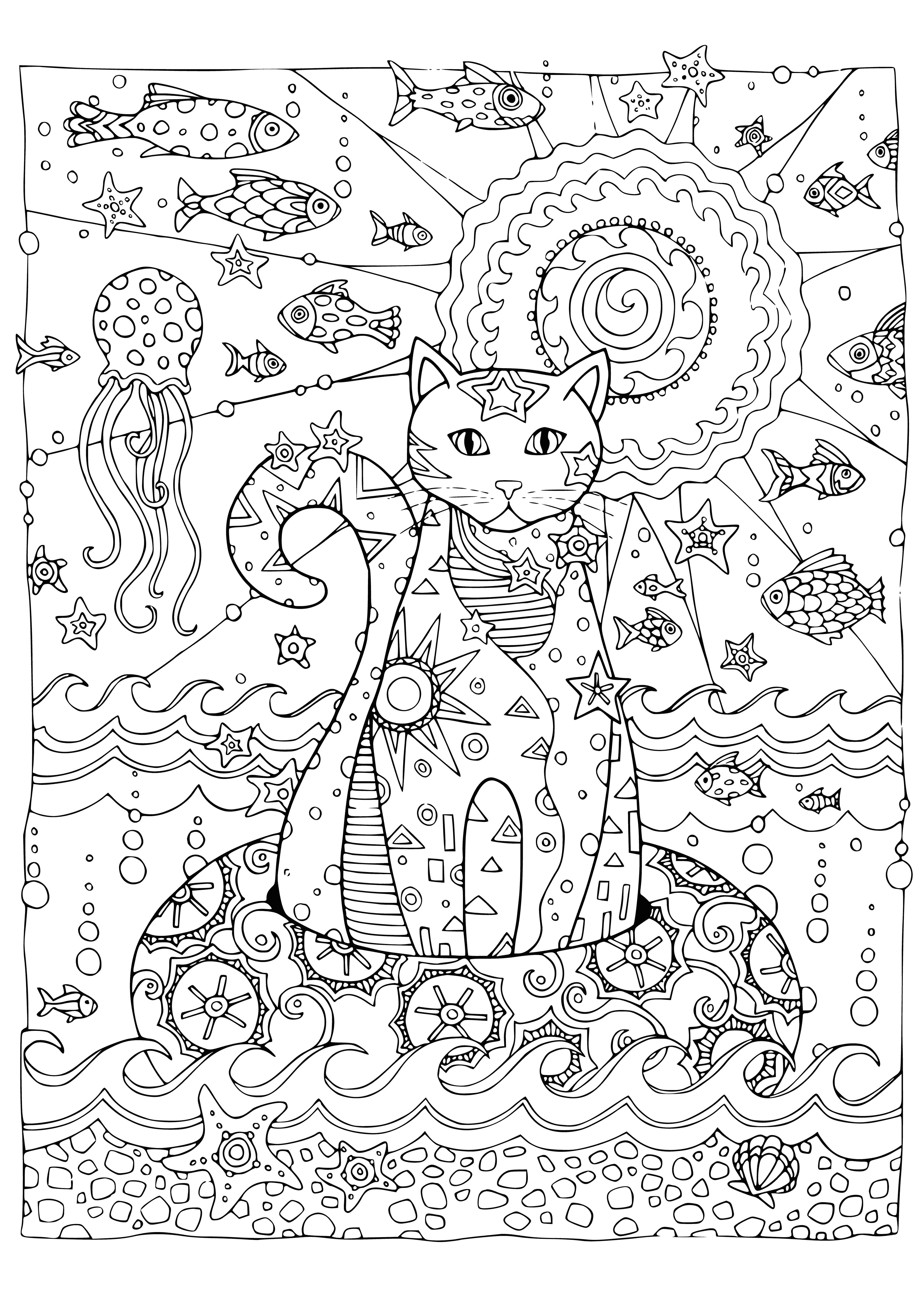 coloring page: Sleeping white cat with blue eyes on the shore of a body of water, head turned and paw extended.