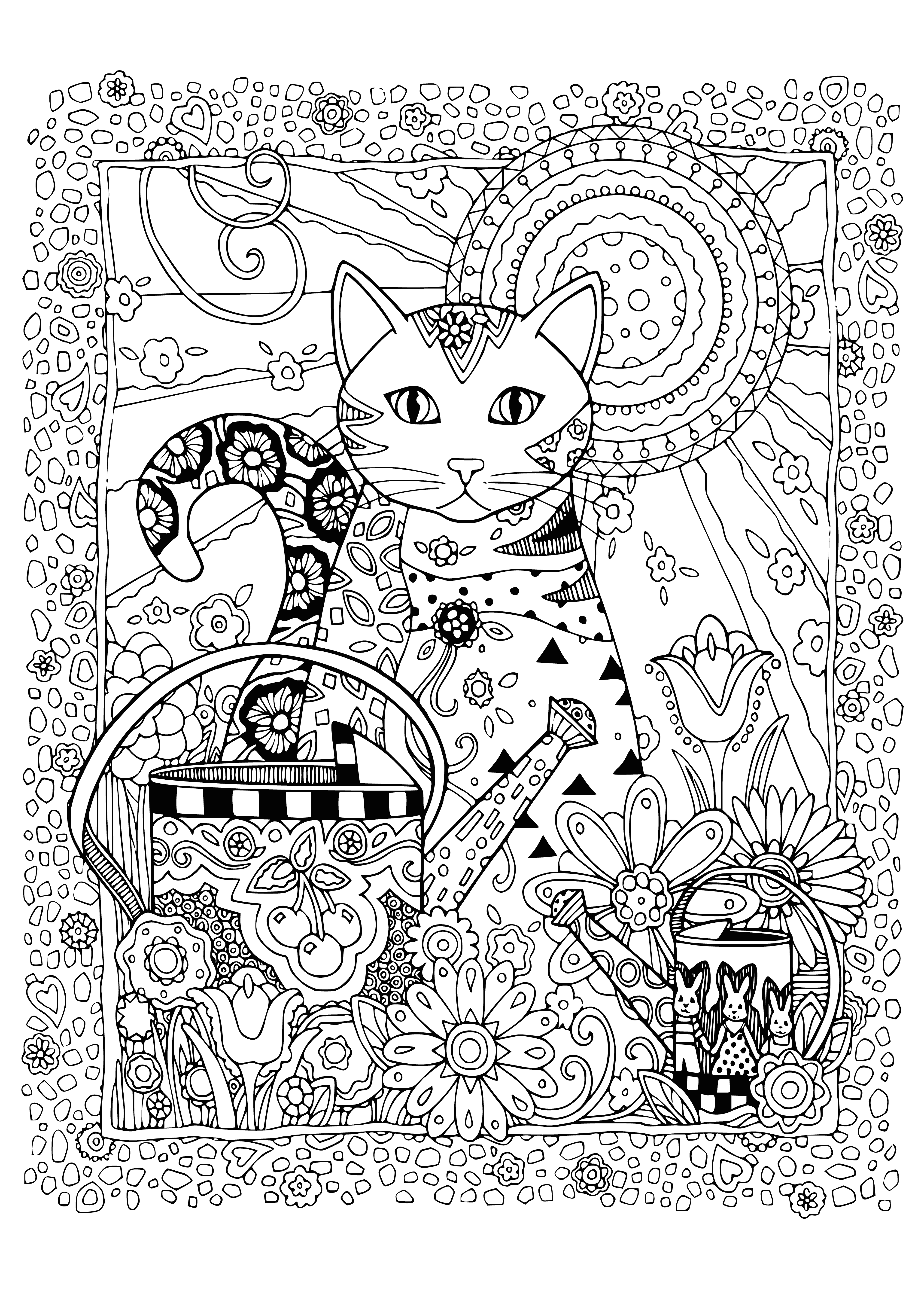 Cat in the garden coloring page