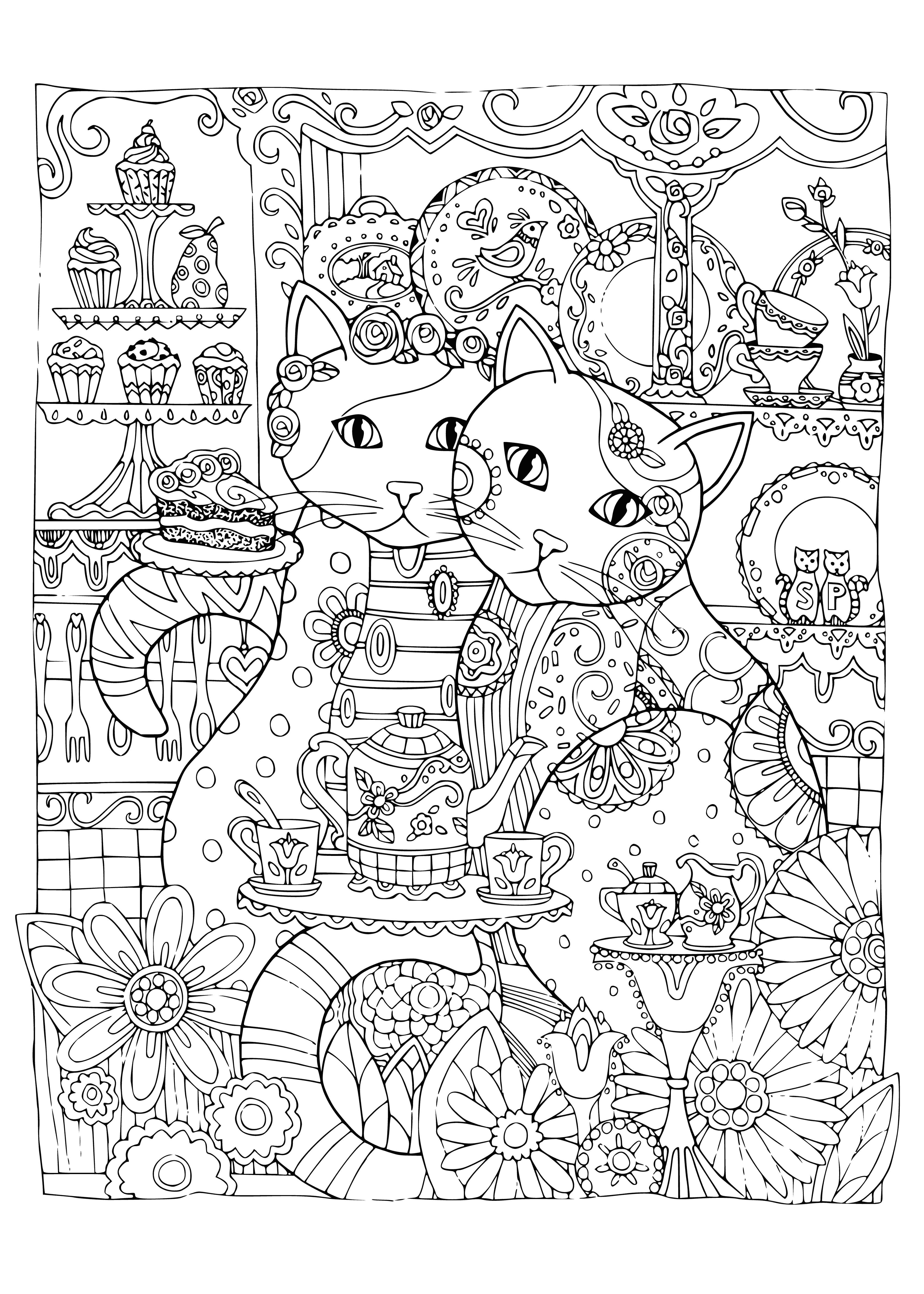 coloring page: Cats relax in a cafe surrounded by plants, creating a peaceful atmosphere.