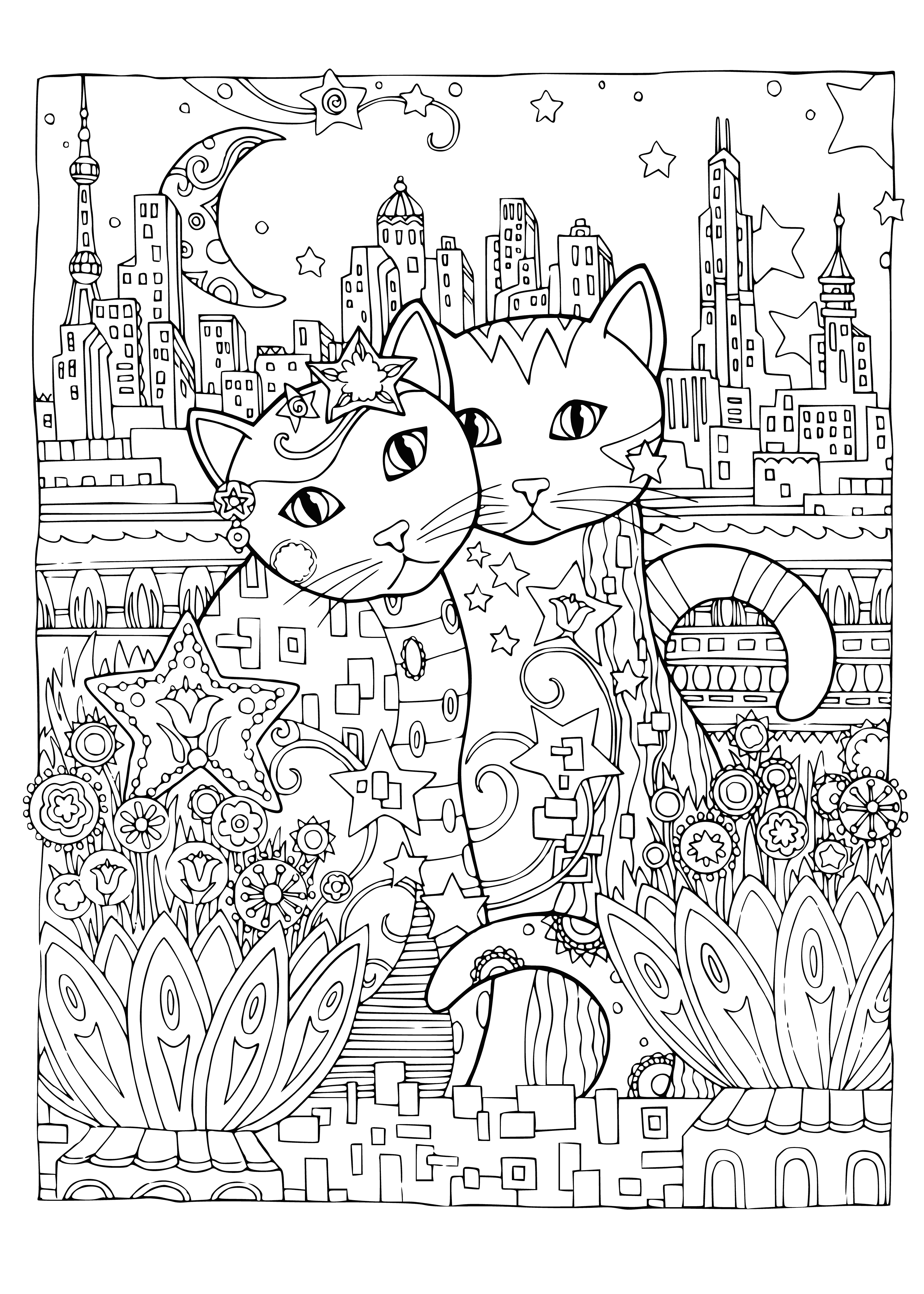 coloring page: Cats climb and explore a city; some lounge, chase or sleep on fire escapes.