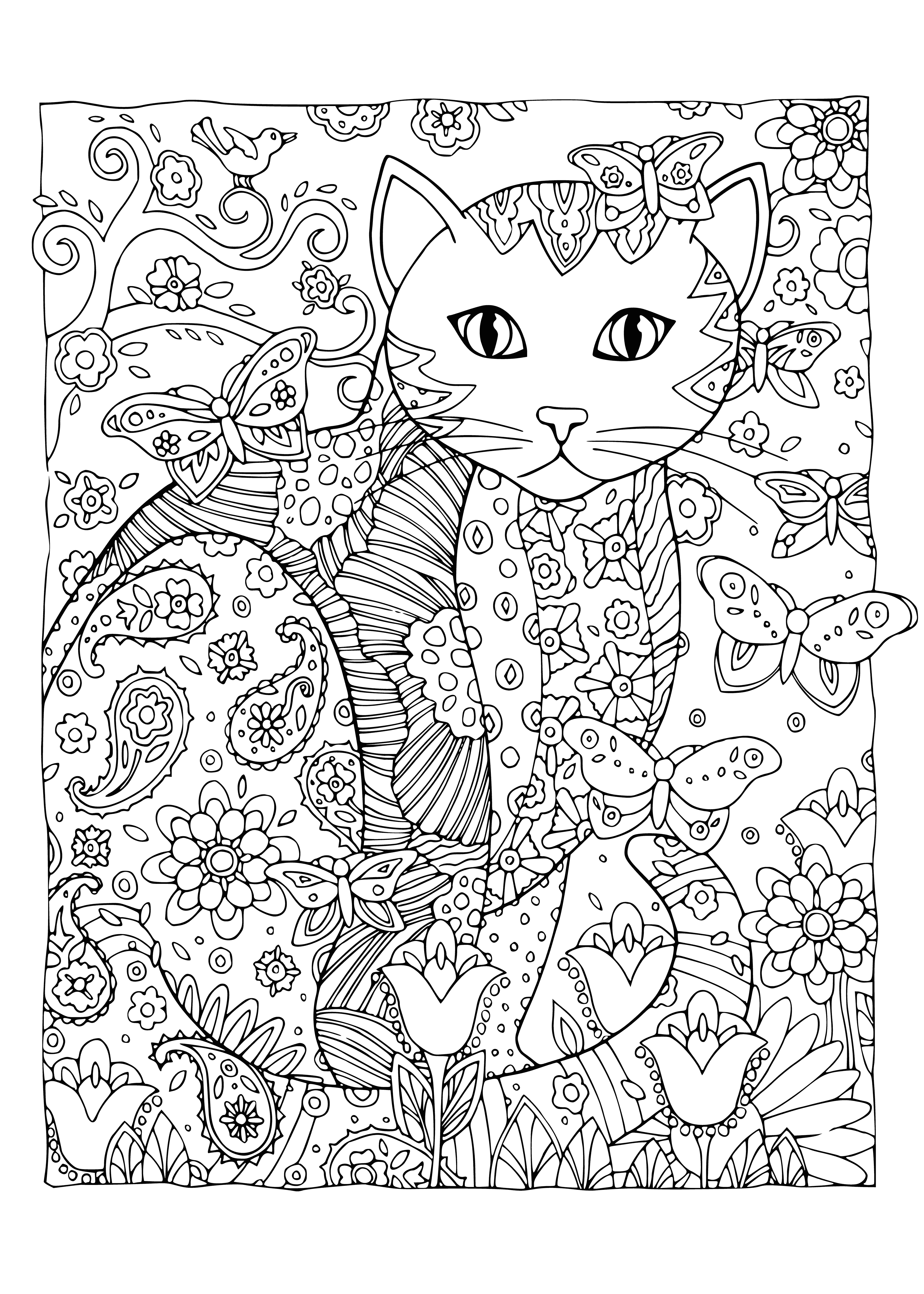 Cat and butterflies coloring page