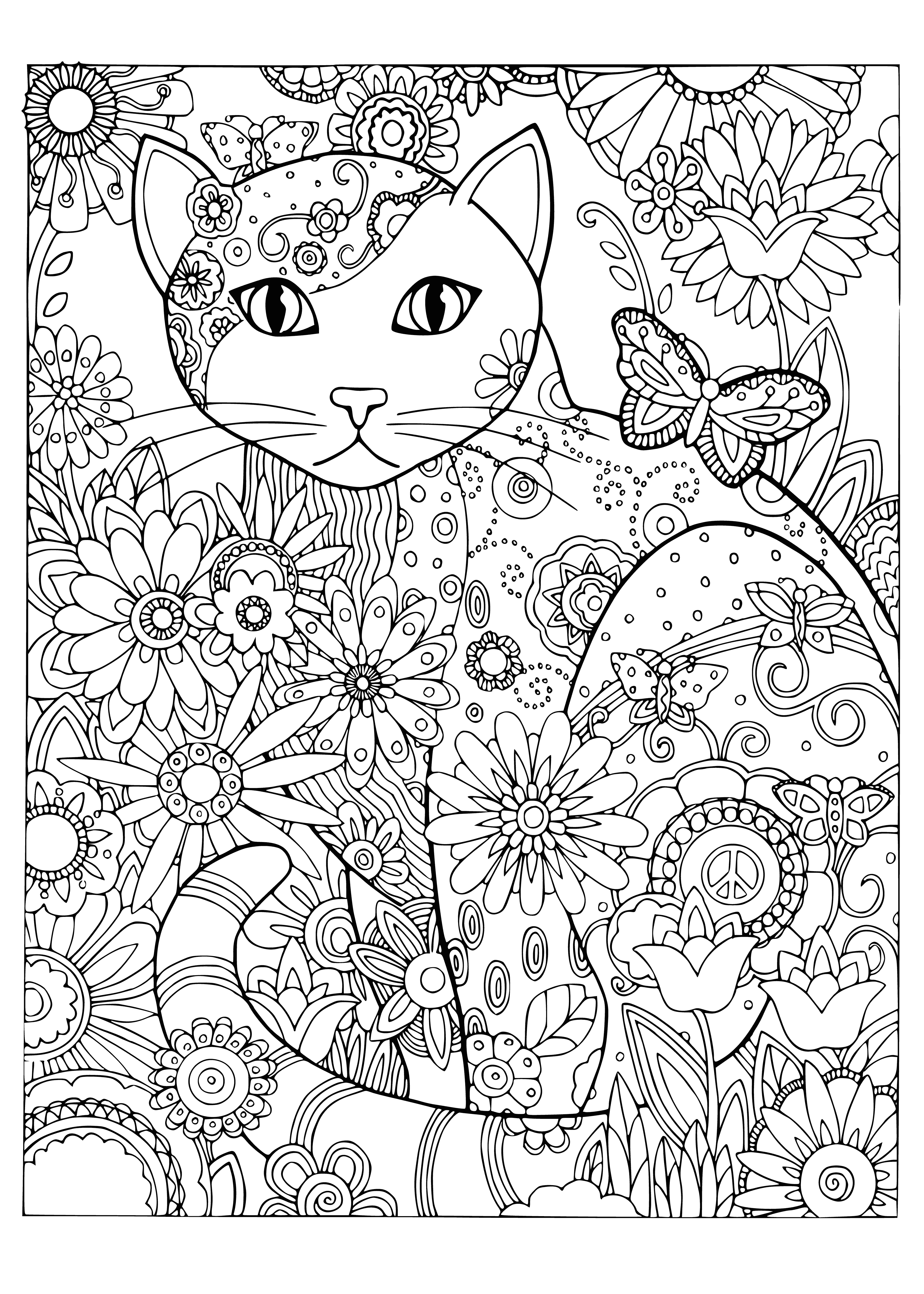 Cat in flowers coloring page