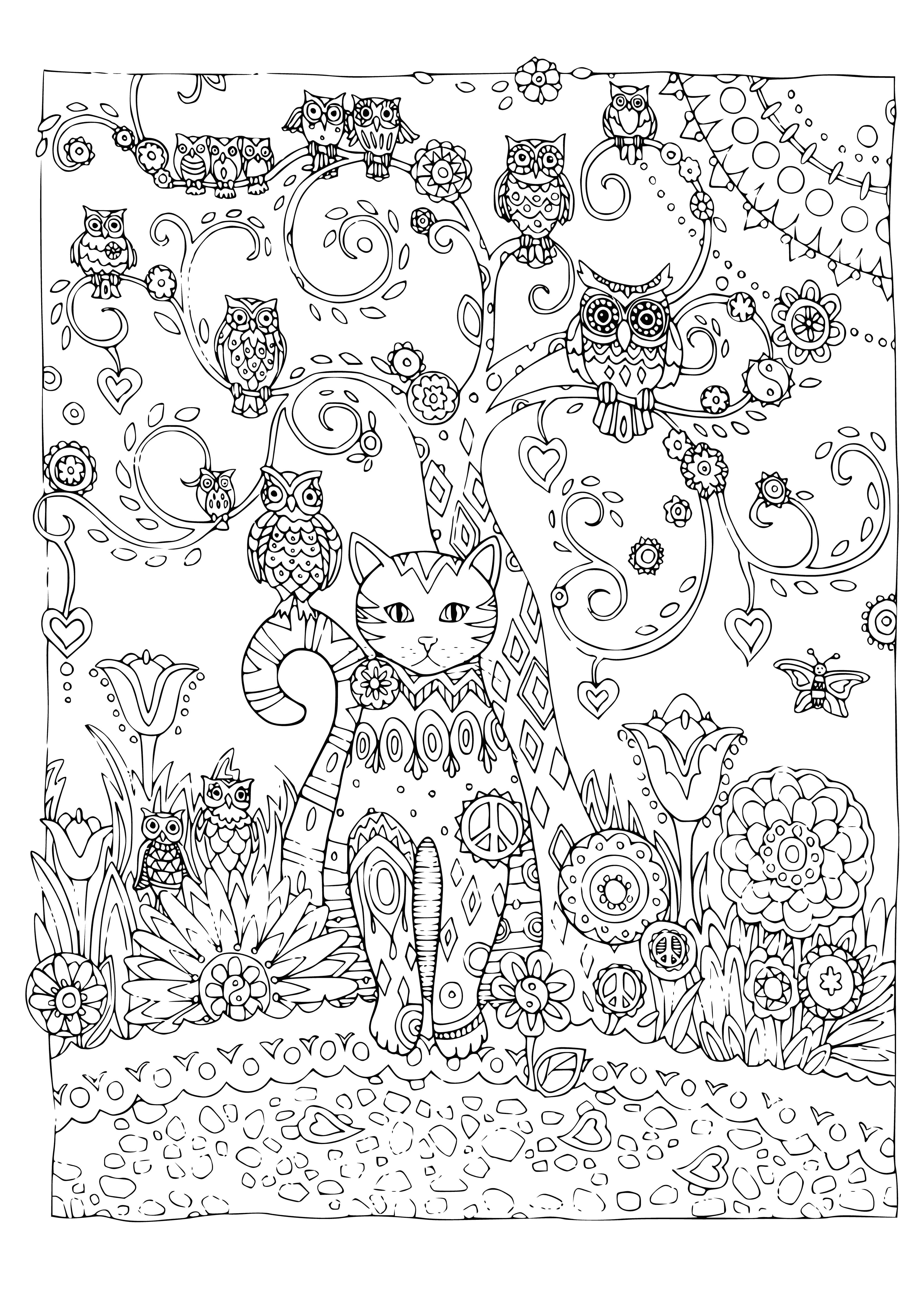 coloring page: Two cats sit on a branch, looking at two owls - one brown, one white. #catlove #owlsarecool