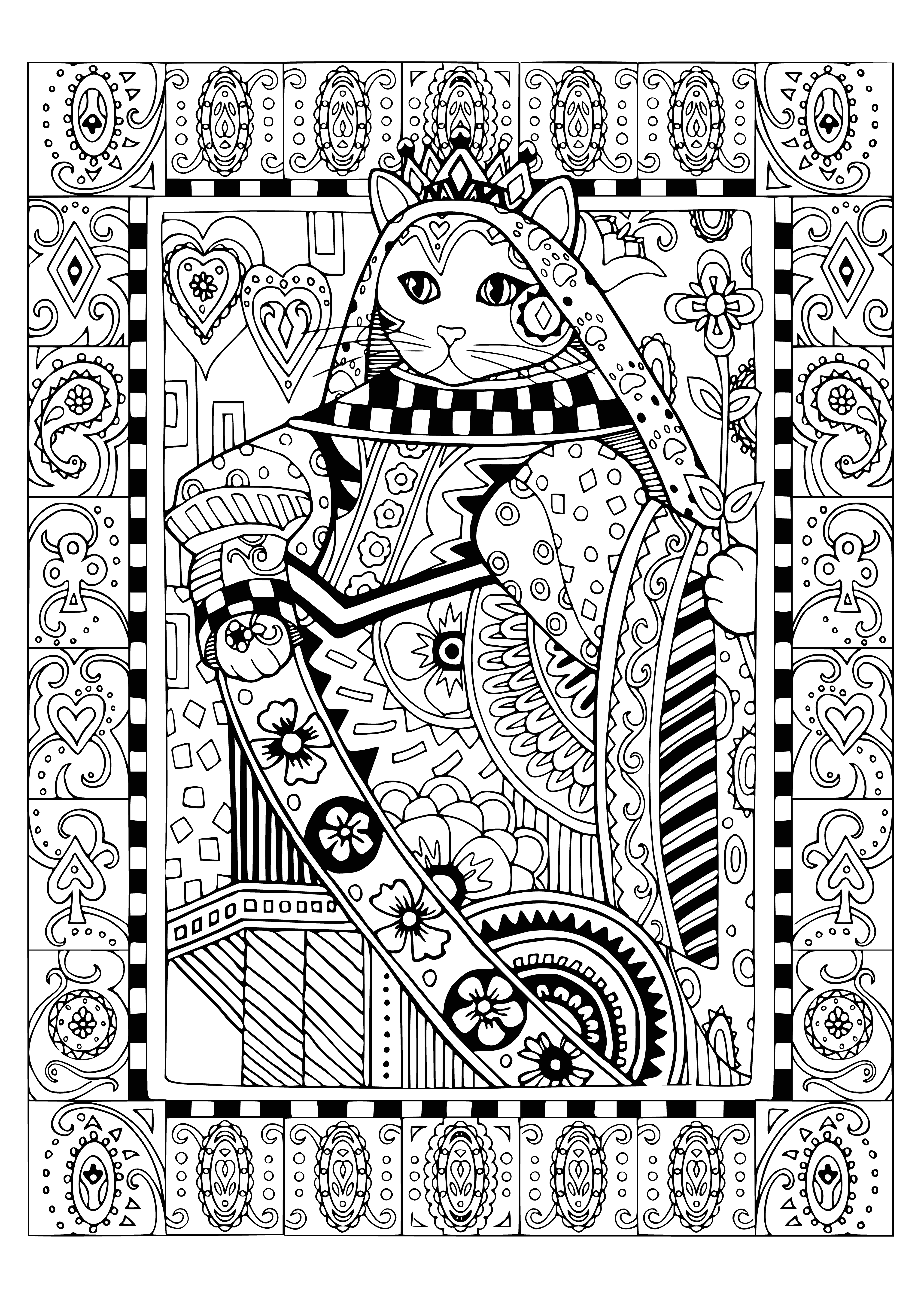 coloring page: Q. Cleo, a regal tabby, commands her domain - demanding the best pampering & relaxing atop a bookshelf surveying her kingdom.