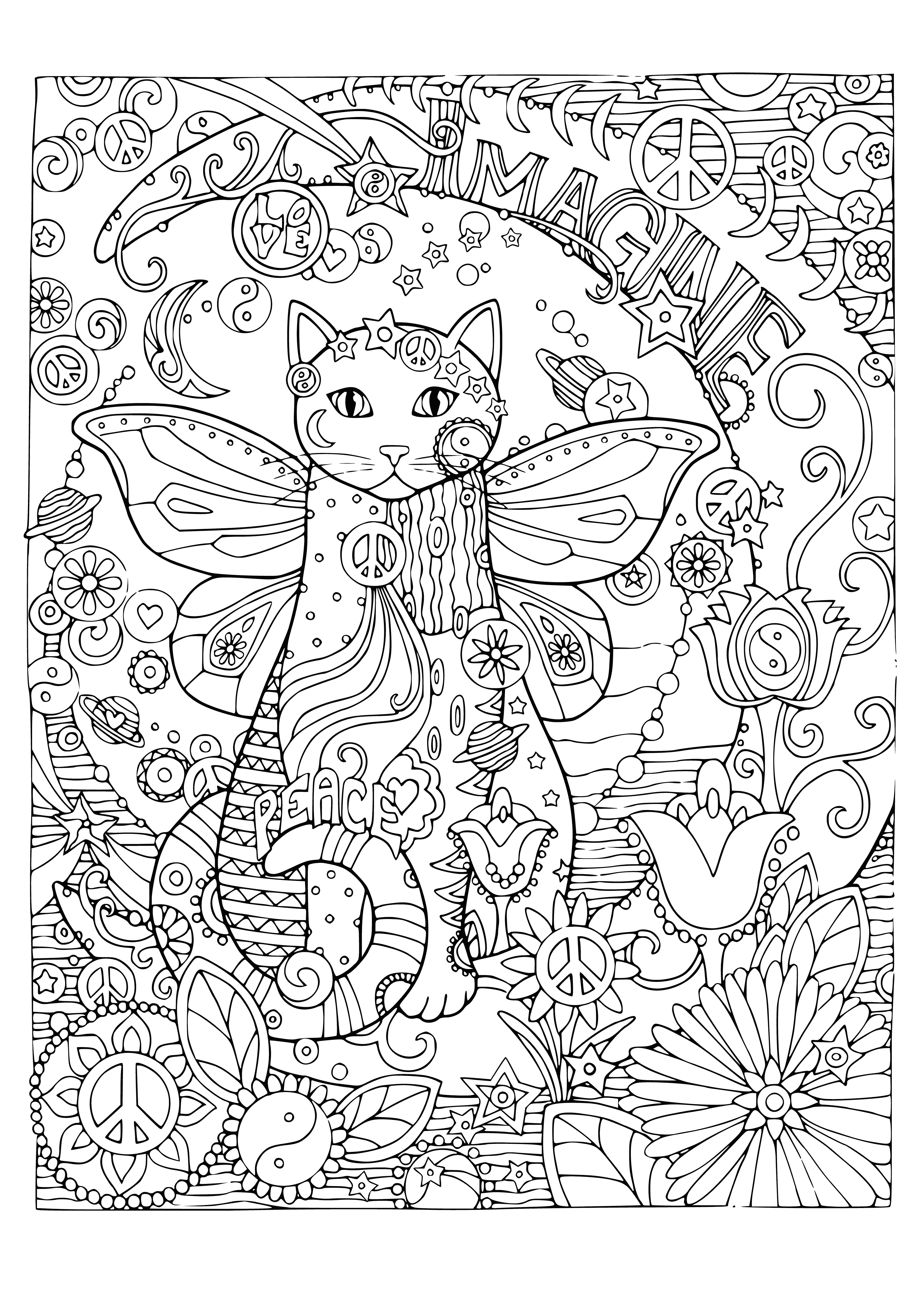 coloring page: A black cat basks contentedly on a branch, ready to take on the world with its full stomach and sharp claws.