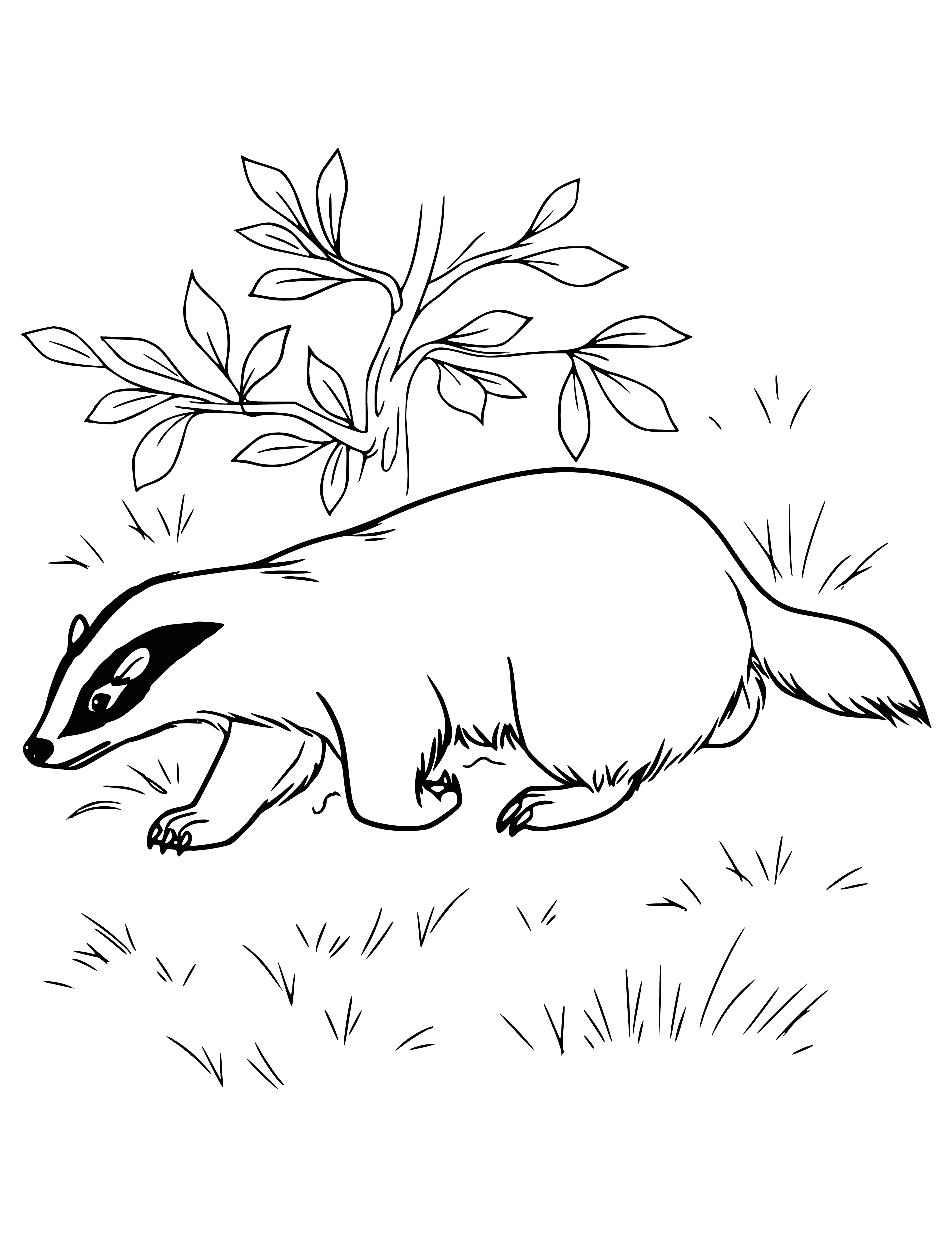 coloring page: Badger: small, furry mammal; white stripe down back; dark fur; scavenger, eats insects, small mammals, carrion.