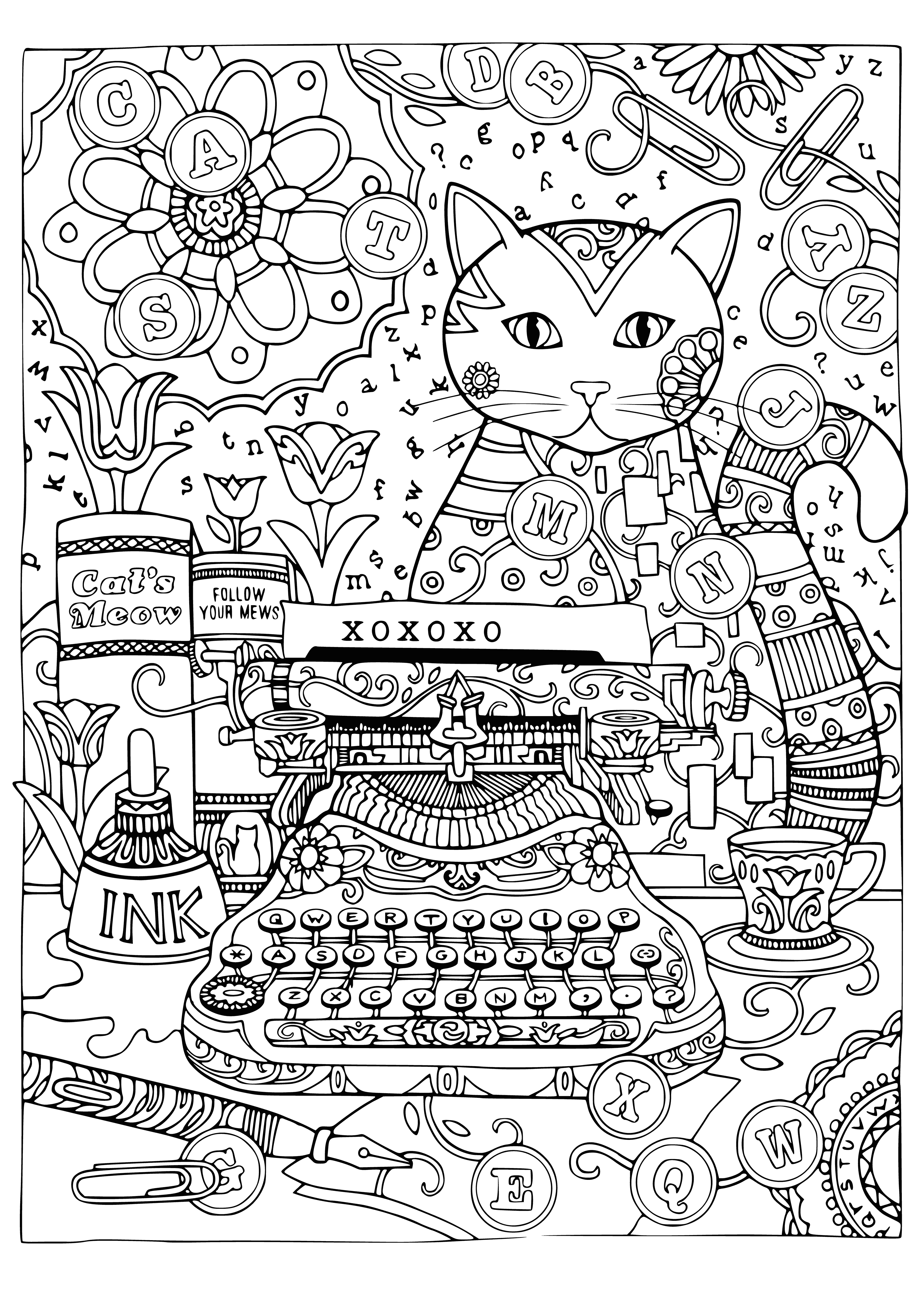 coloring page: Cat sitting at typewriter, paws resting on keys, apparently typing.