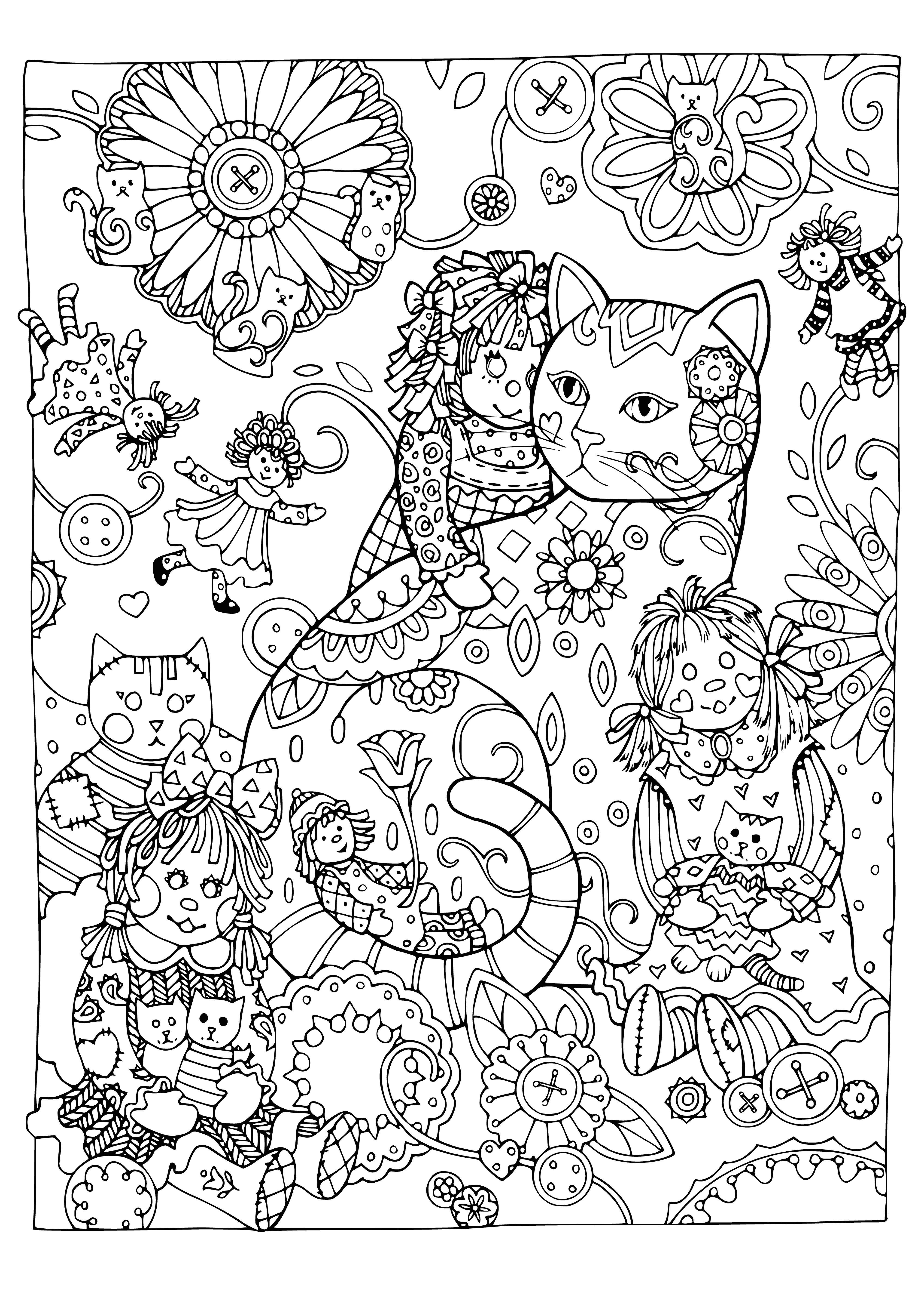 coloring page: Cat relaxes amongst dolls, some cross and some content, while it is in a deep state of relaxation with eyes closed. #catlife #dollcollector
