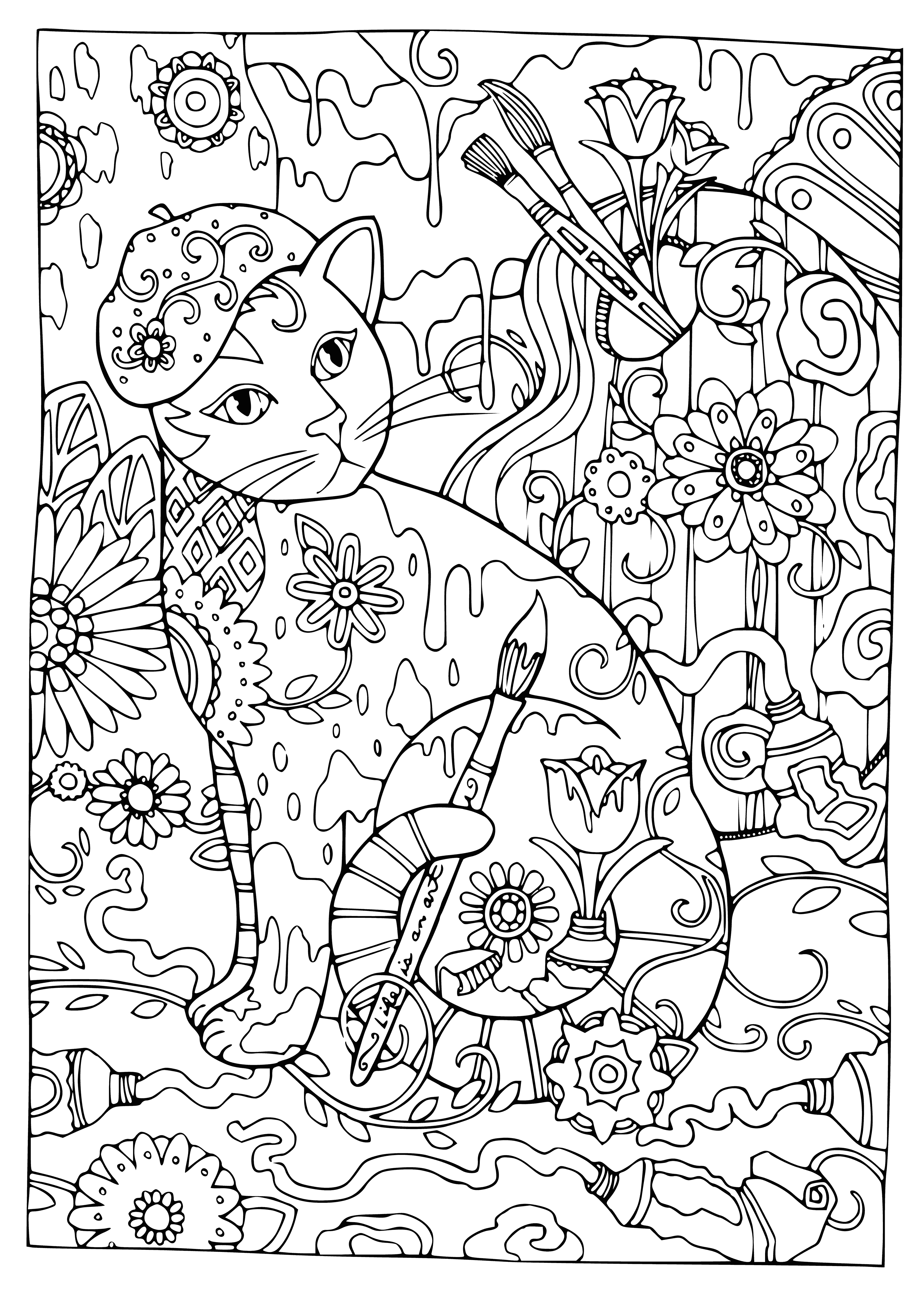 coloring page: Cat artist holds paintbrush to paint orange & white cat on blue background in Antistress Cats coloring page.