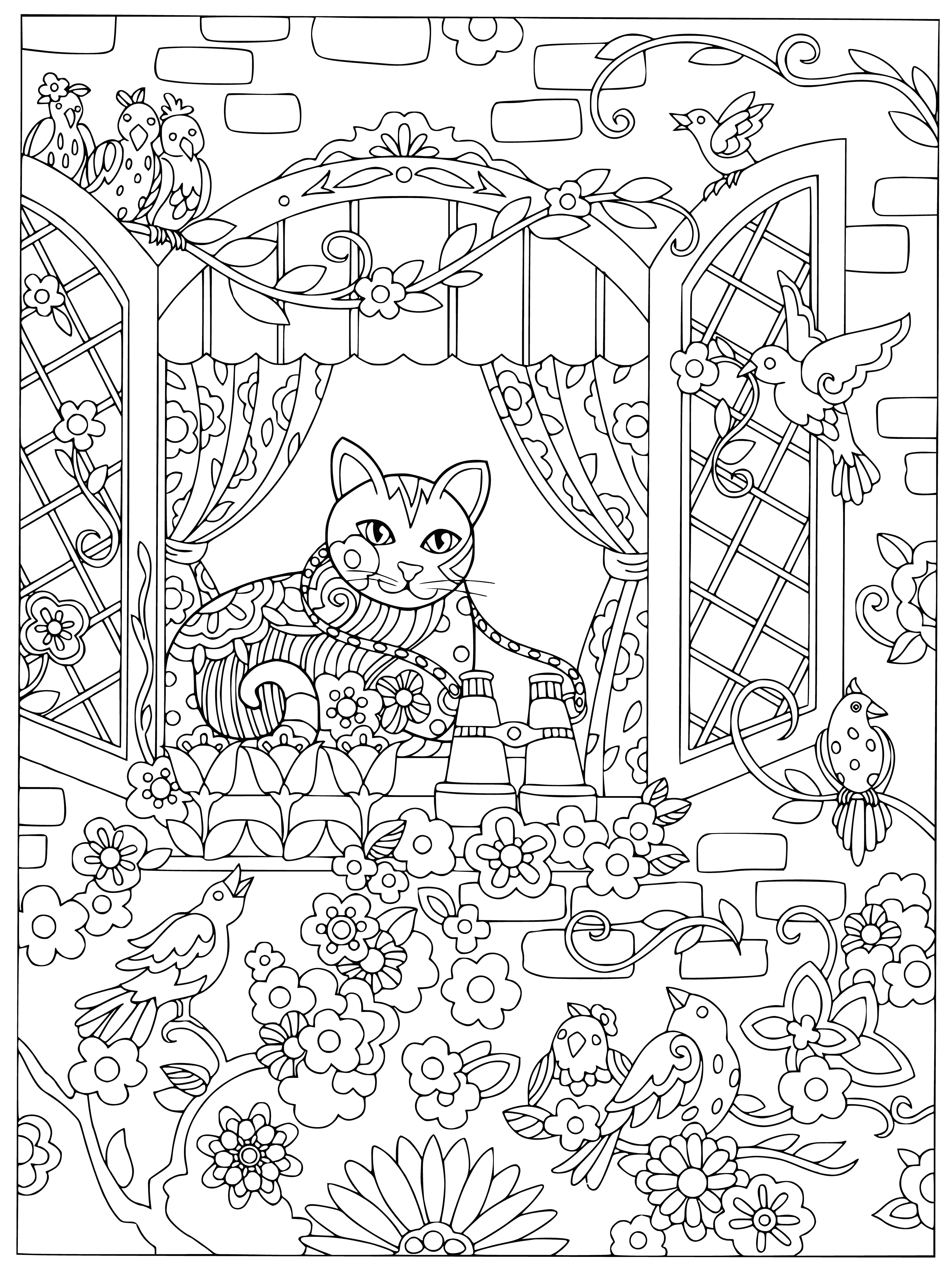 coloring page: Cat perched in window looking out at scenery, with border of black & white spiral design. #Coloring #Printables