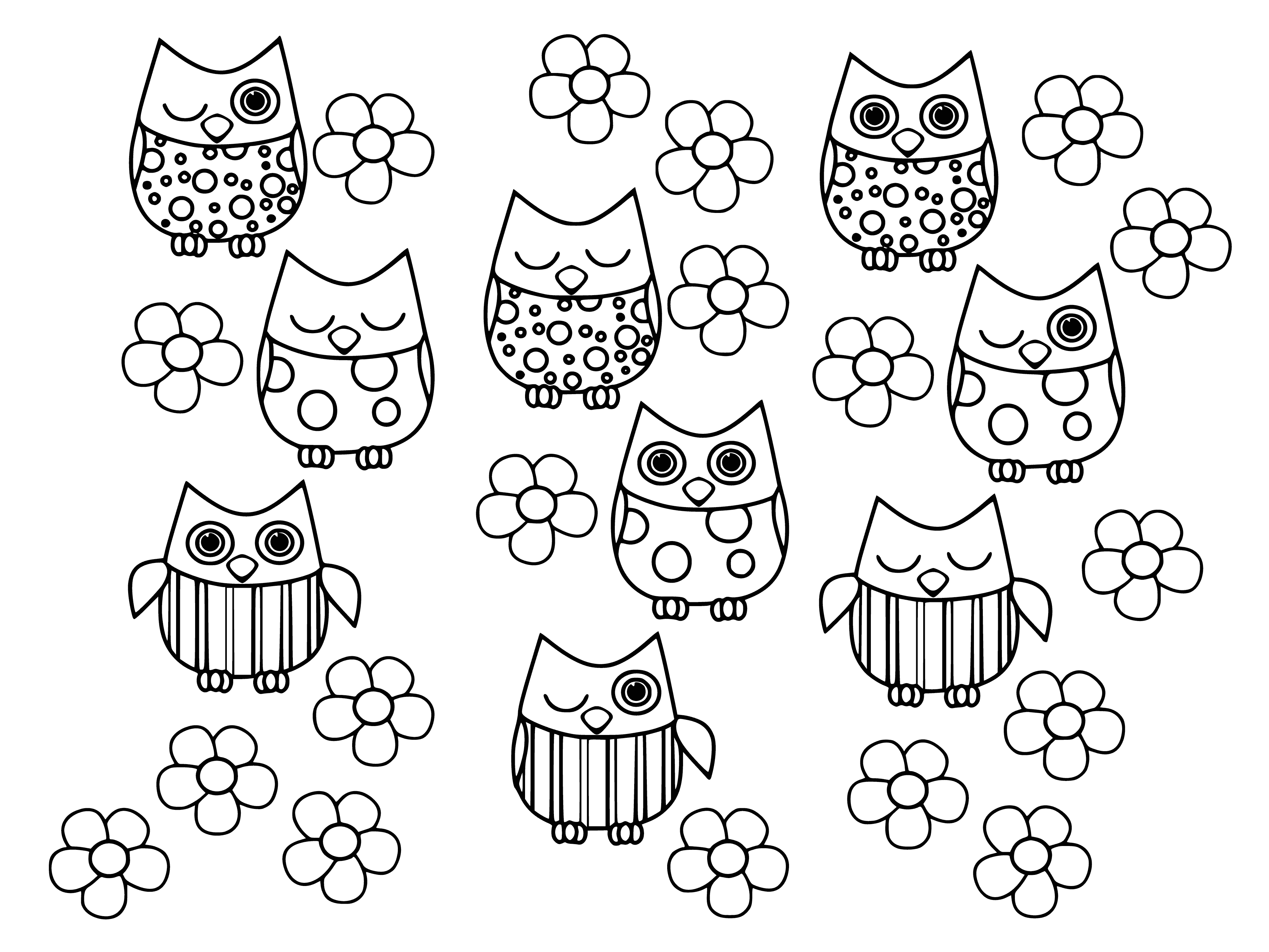 coloring page: Two owls: one brown, one white; one sitting, one flying; perfect for coloring!