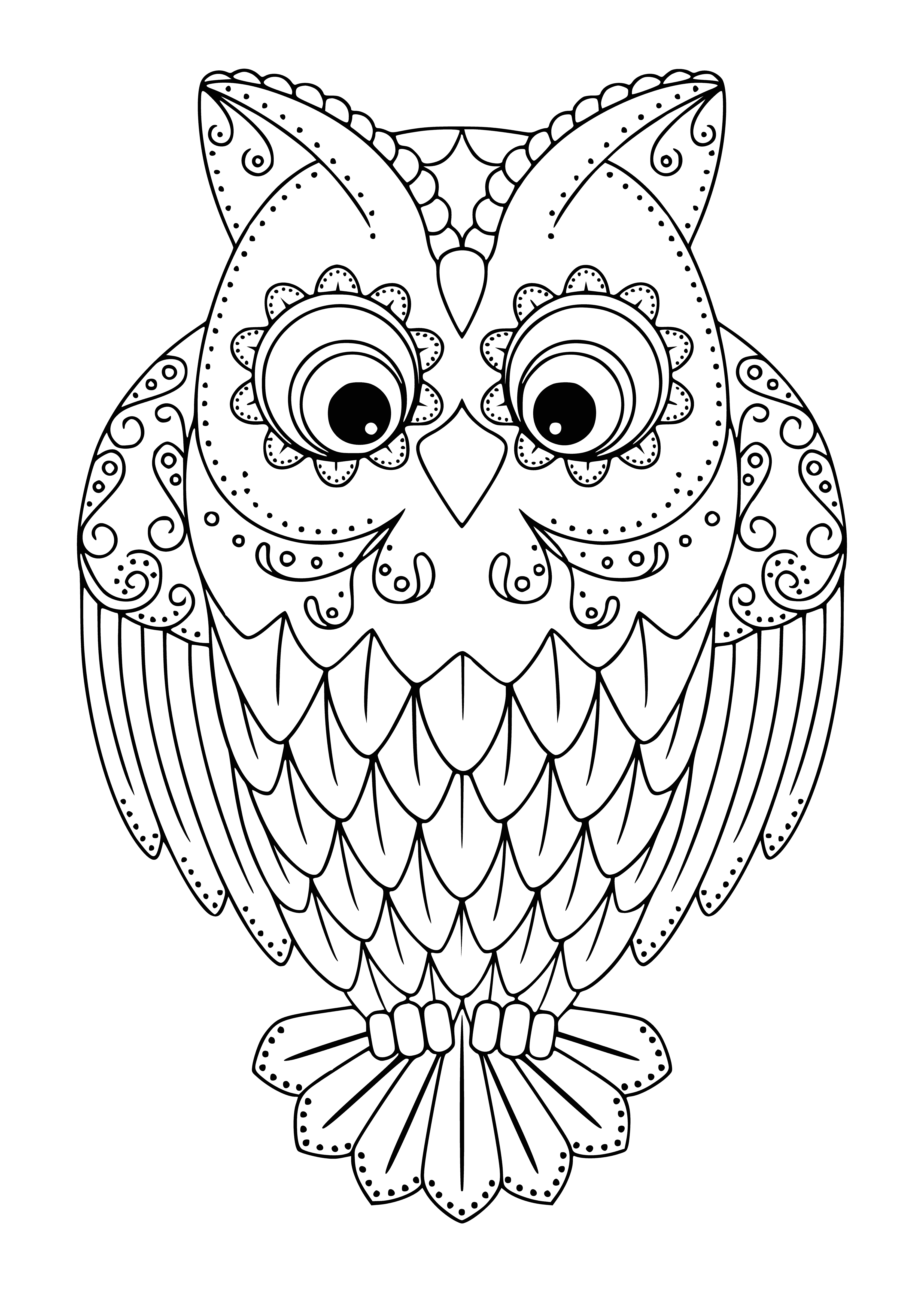 coloring page: Owl coloring page features an owl on a branch with yellow eyes, gray & white body and gray & brown wings. #coloringpage #owl