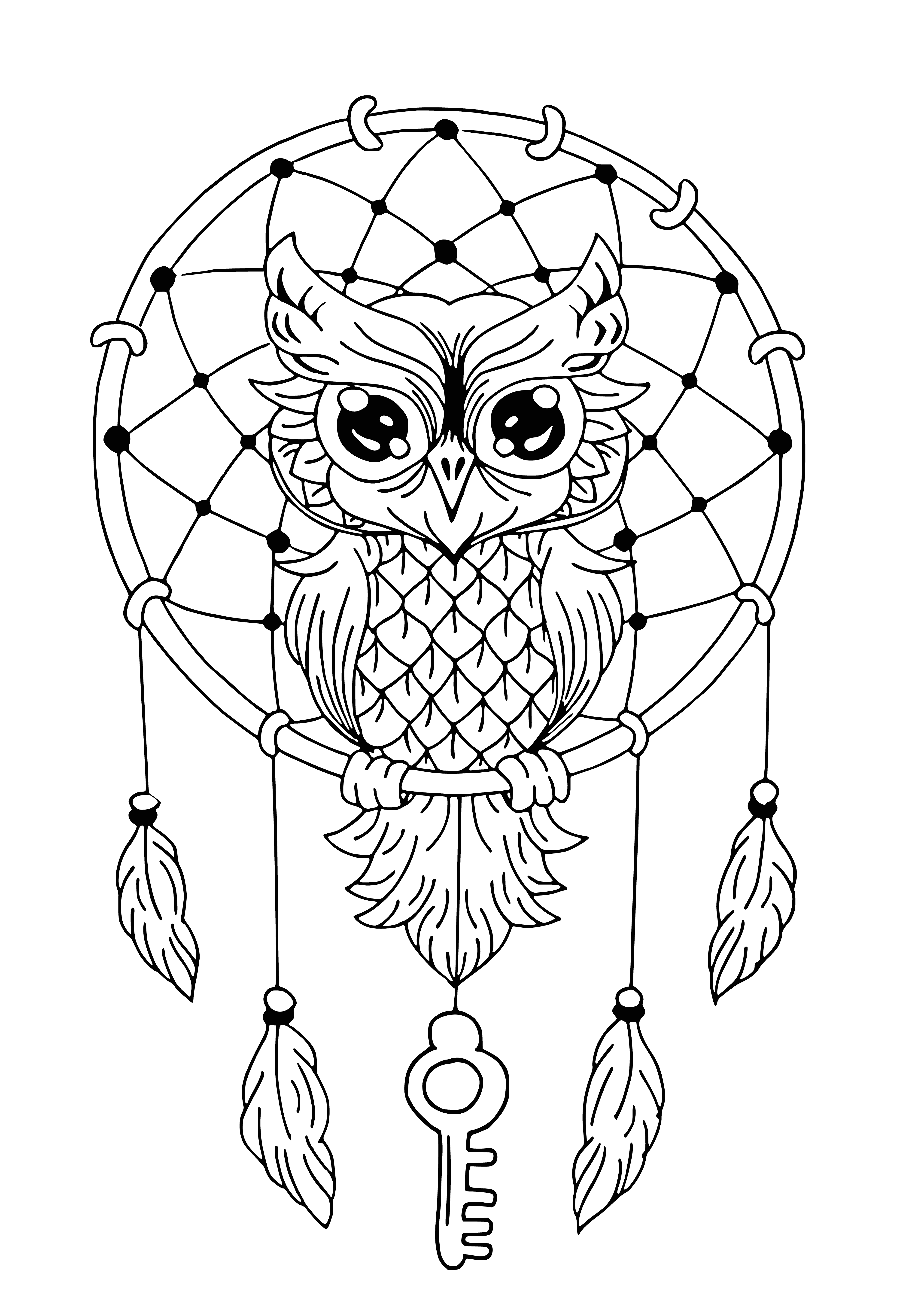 coloring page: Color a dreamcatcher with two owls! Large eyes and beads make this scene come alive.