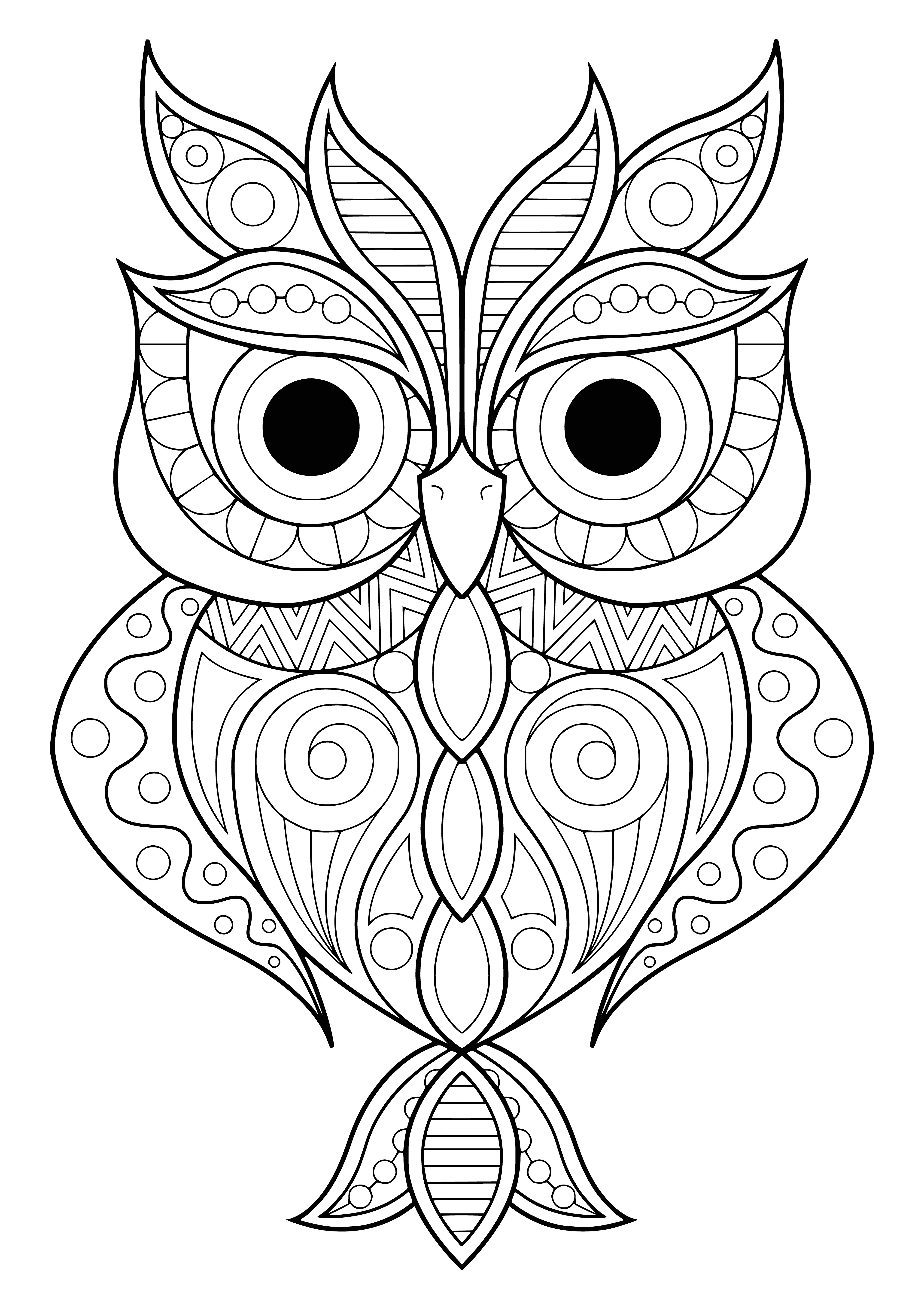 coloring page: An owl sits on a branch, its feathers of brown, white and grey. Its big eyes and long beak & talons spread its wings for flight.