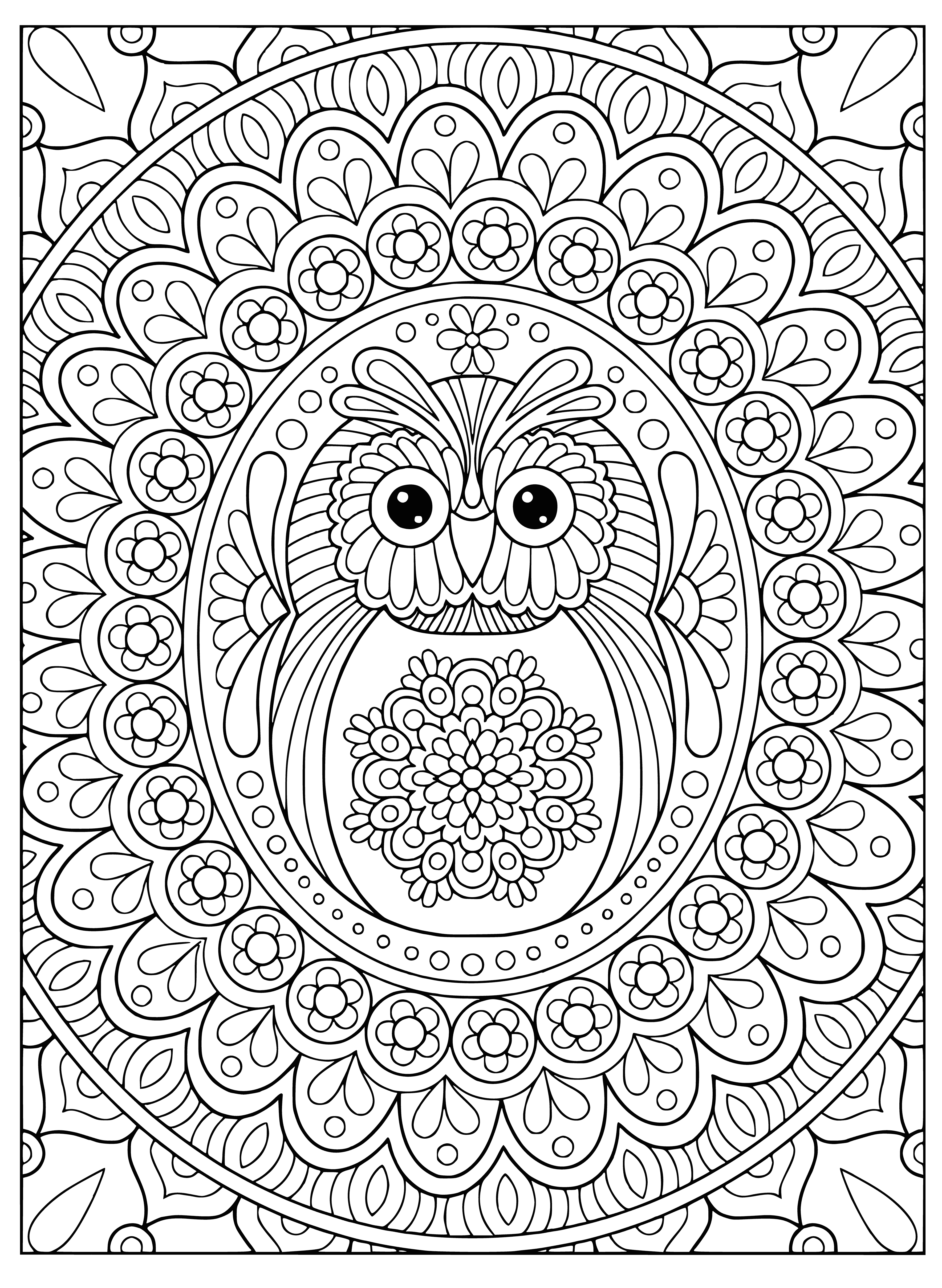 coloring page: A wise owl gazes atop a branch surrounded by stars, on a tranquil green background.