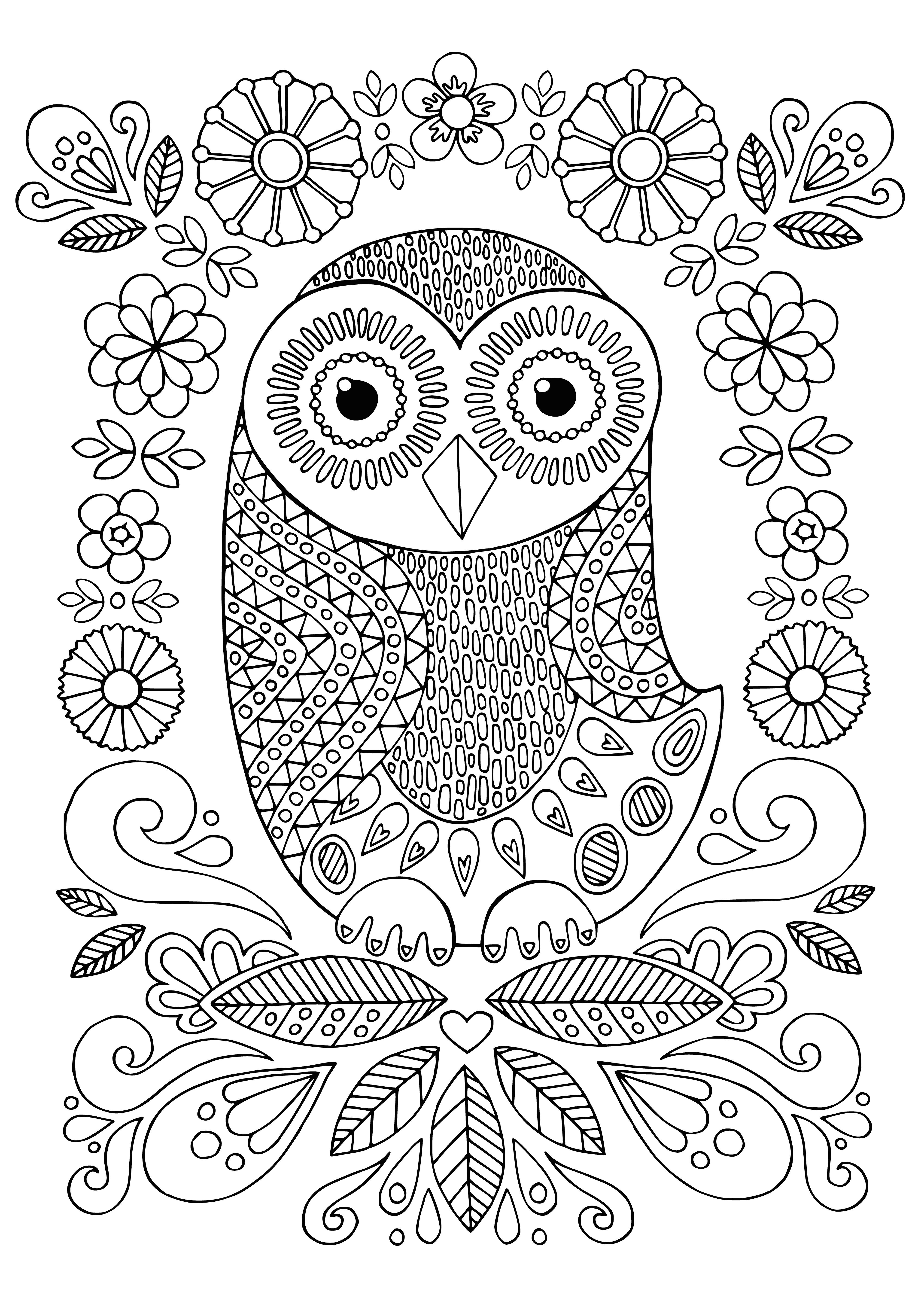 coloring page: Owl perches atop branch, camouflage of browns, blacks & whites. Sharp, deadly claws can tear prey apart.