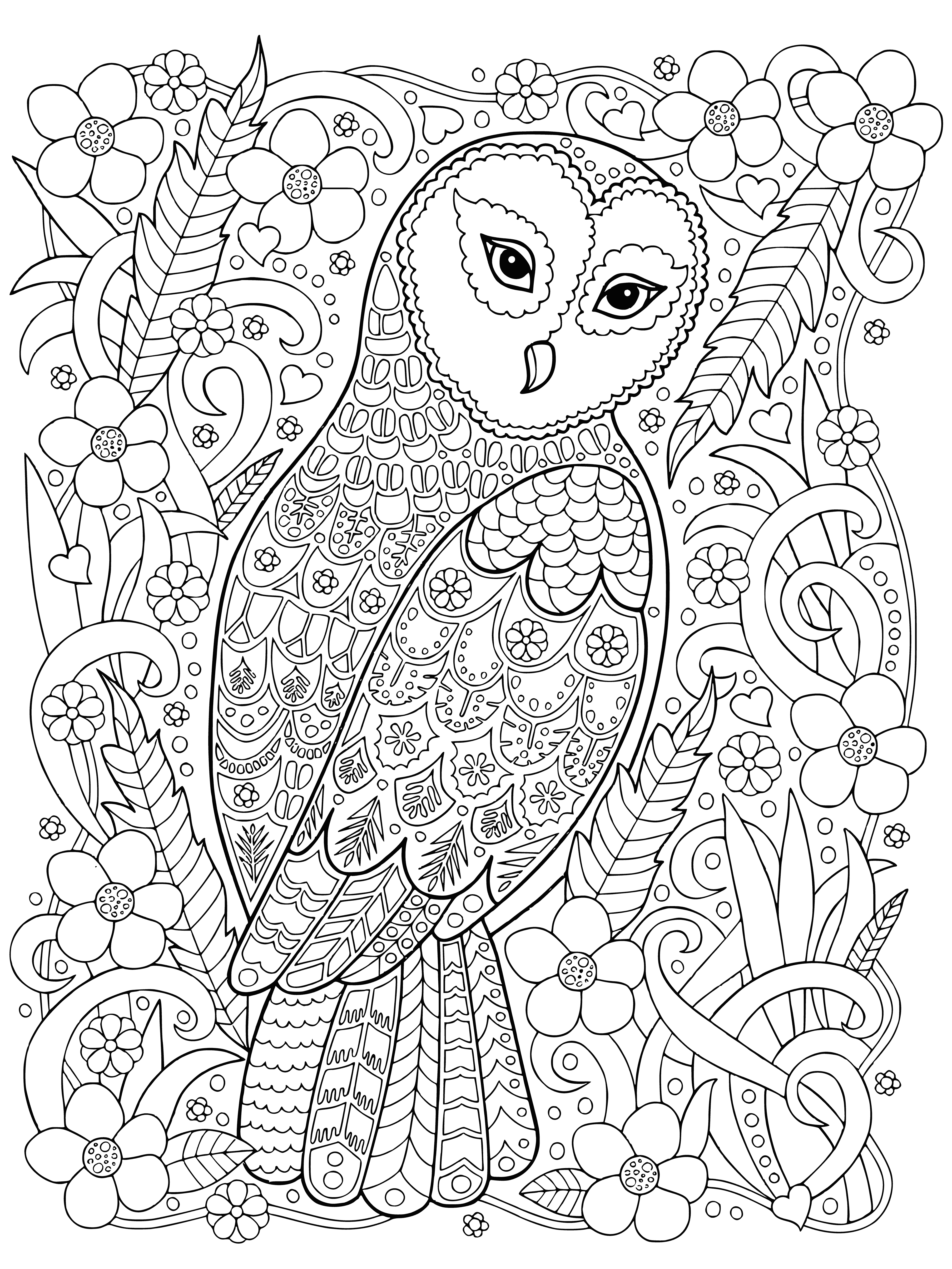 coloring page: Polar owl coloring page: big eyes, white face w/ black spots, black wings & tail.