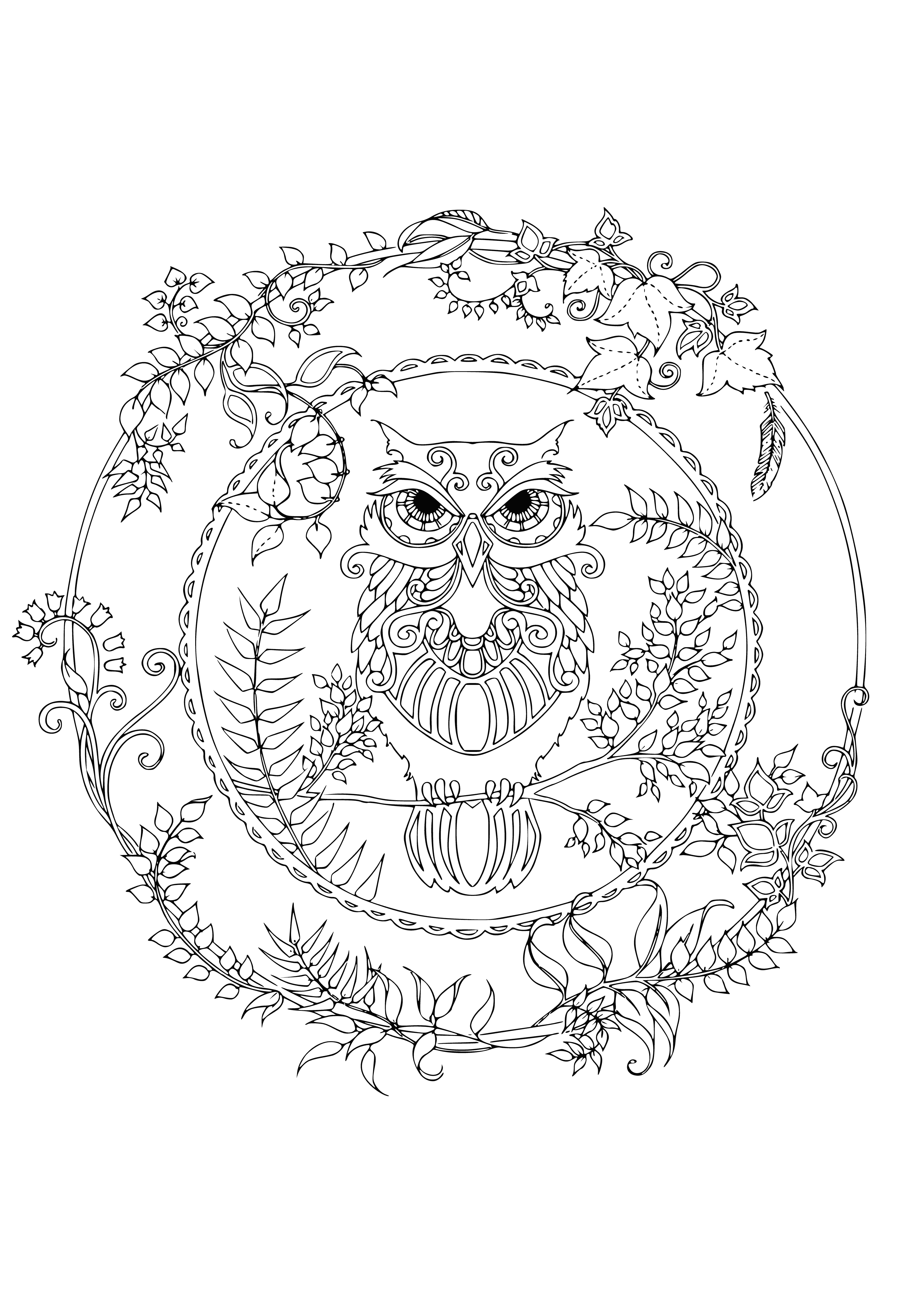 coloring page: Intricate owl mandala formed of geometric shapes and earth tones w/ wings outstretched & leaves/branches.
