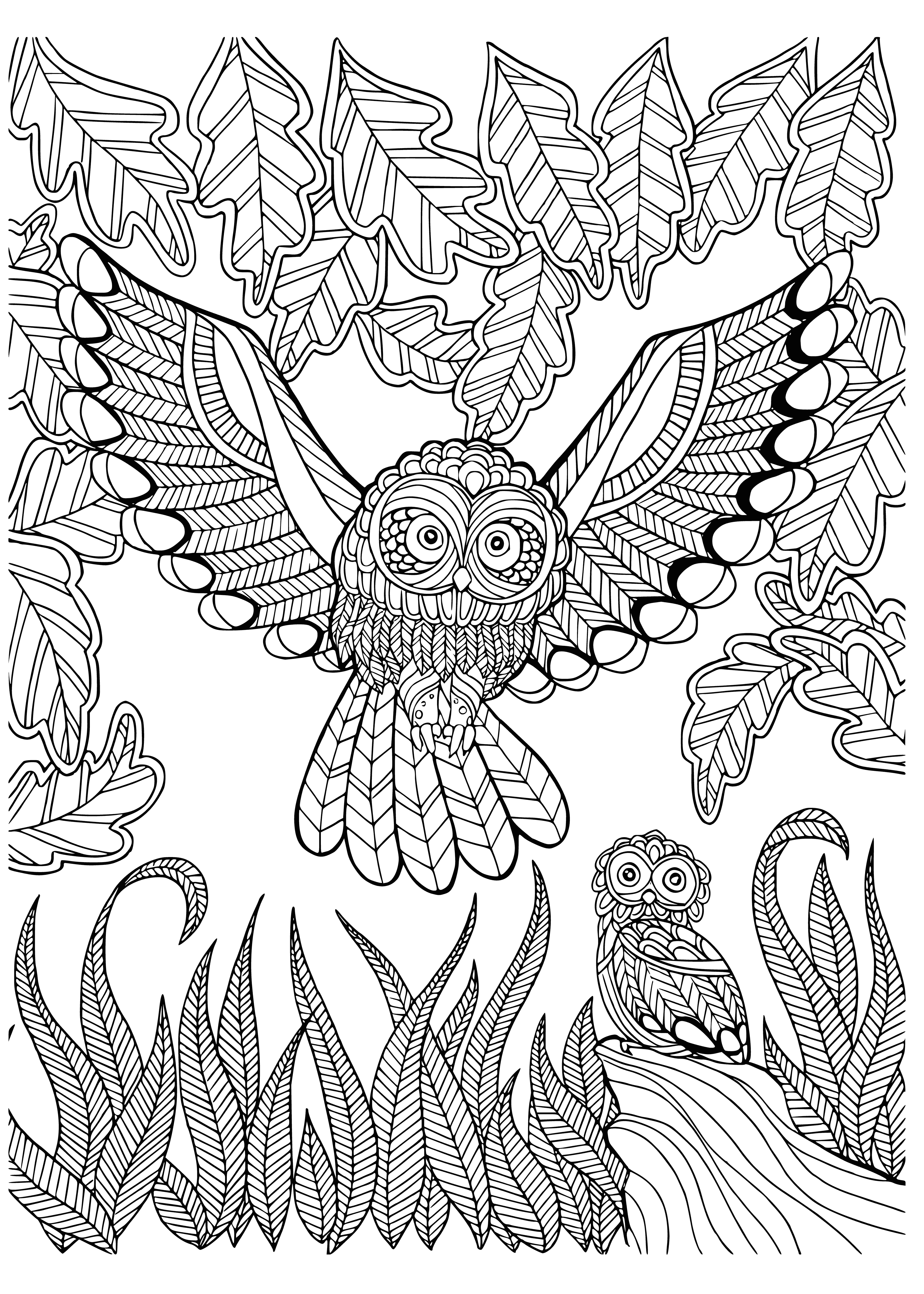 coloring page: Mother owl and owlet on tree branch in forest; mother looks down with love, owlet looks up with curiosity.