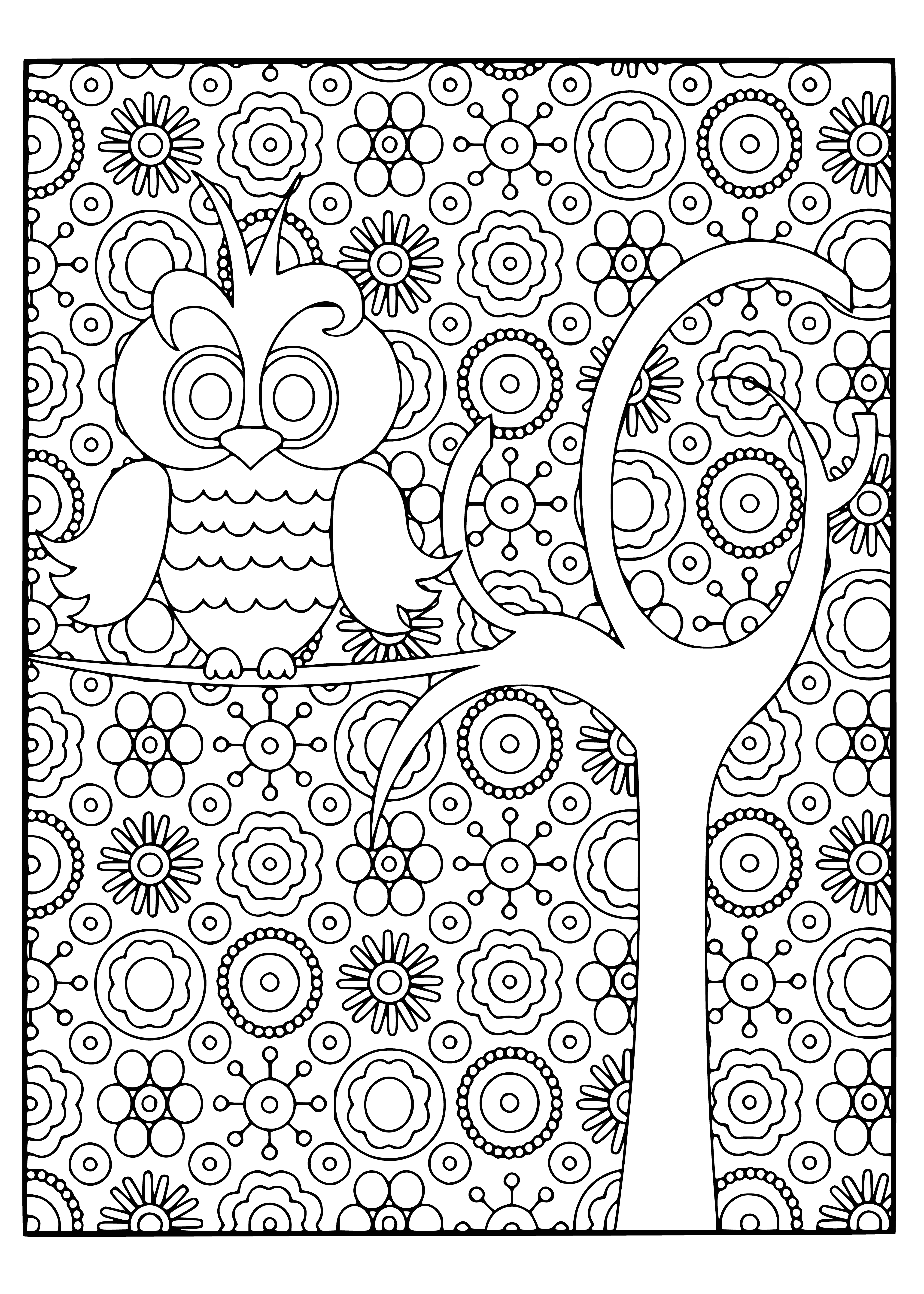 coloring page: Owl perched atop green tree with big, bright eyes & well-defined beak. Light brown body & darker brown wings.