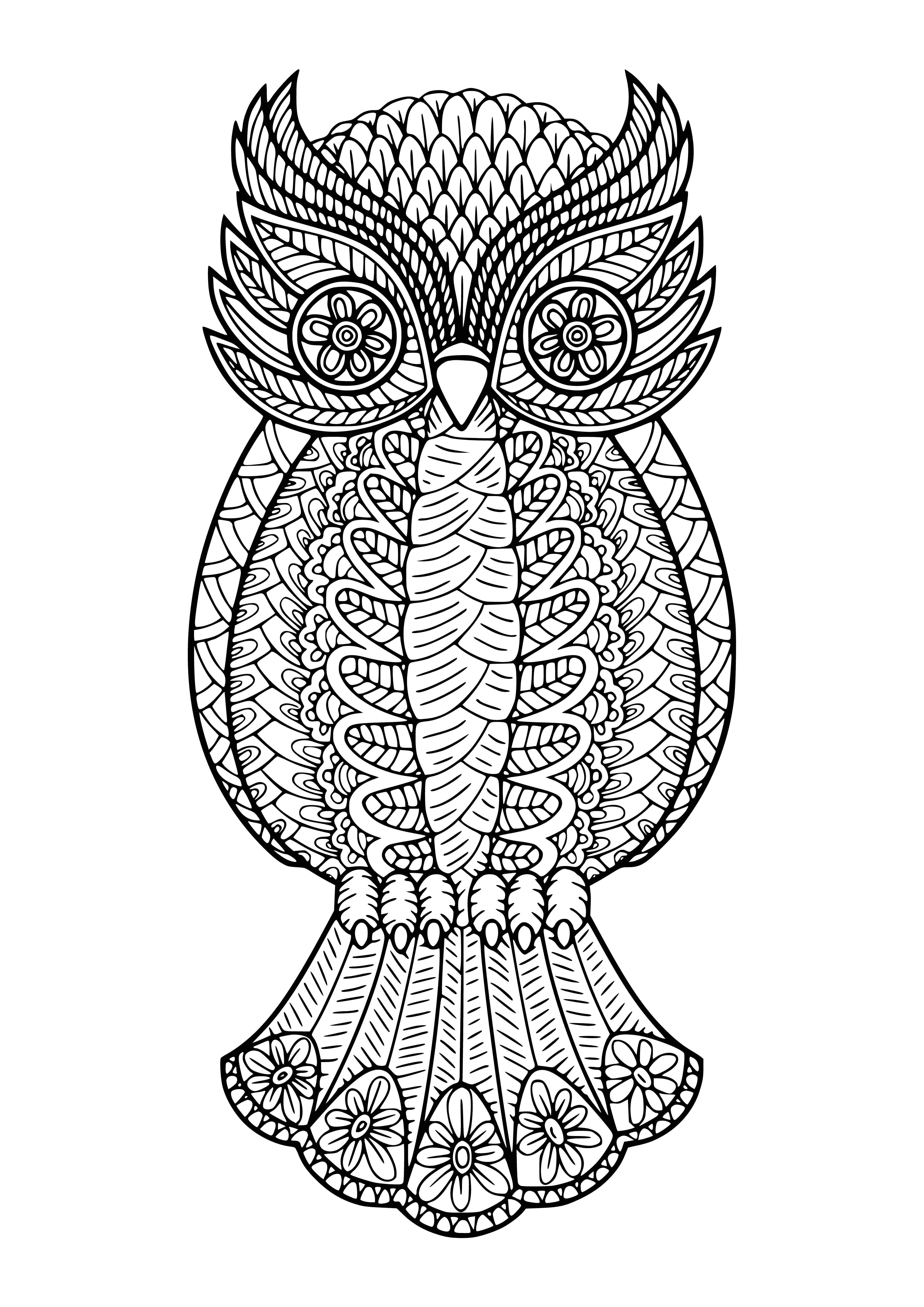 coloring page: Two brown owls with yellow eyes sit on a tree branch. One has wings spread and the other looks to the side.