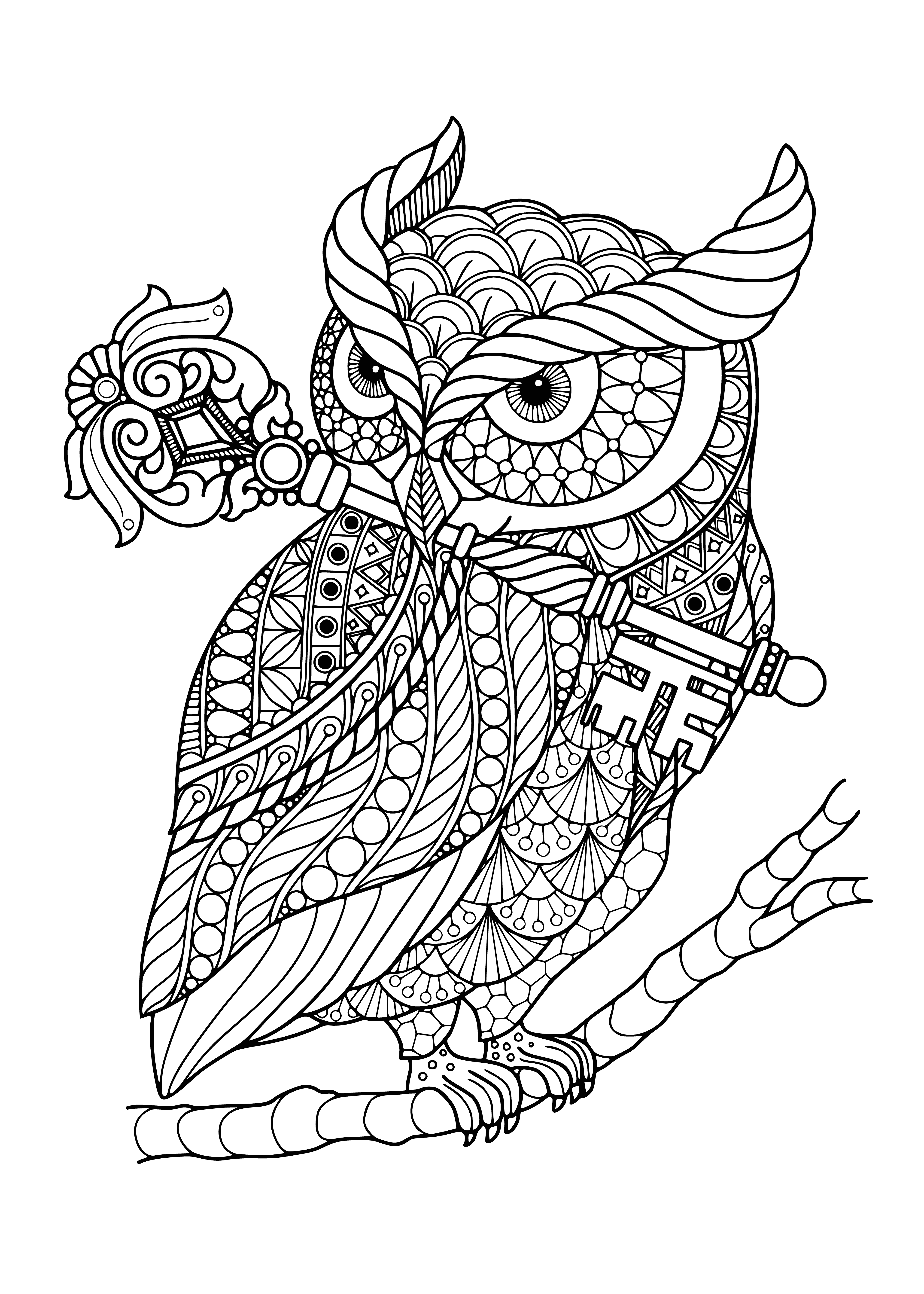 Owl with a key coloring page