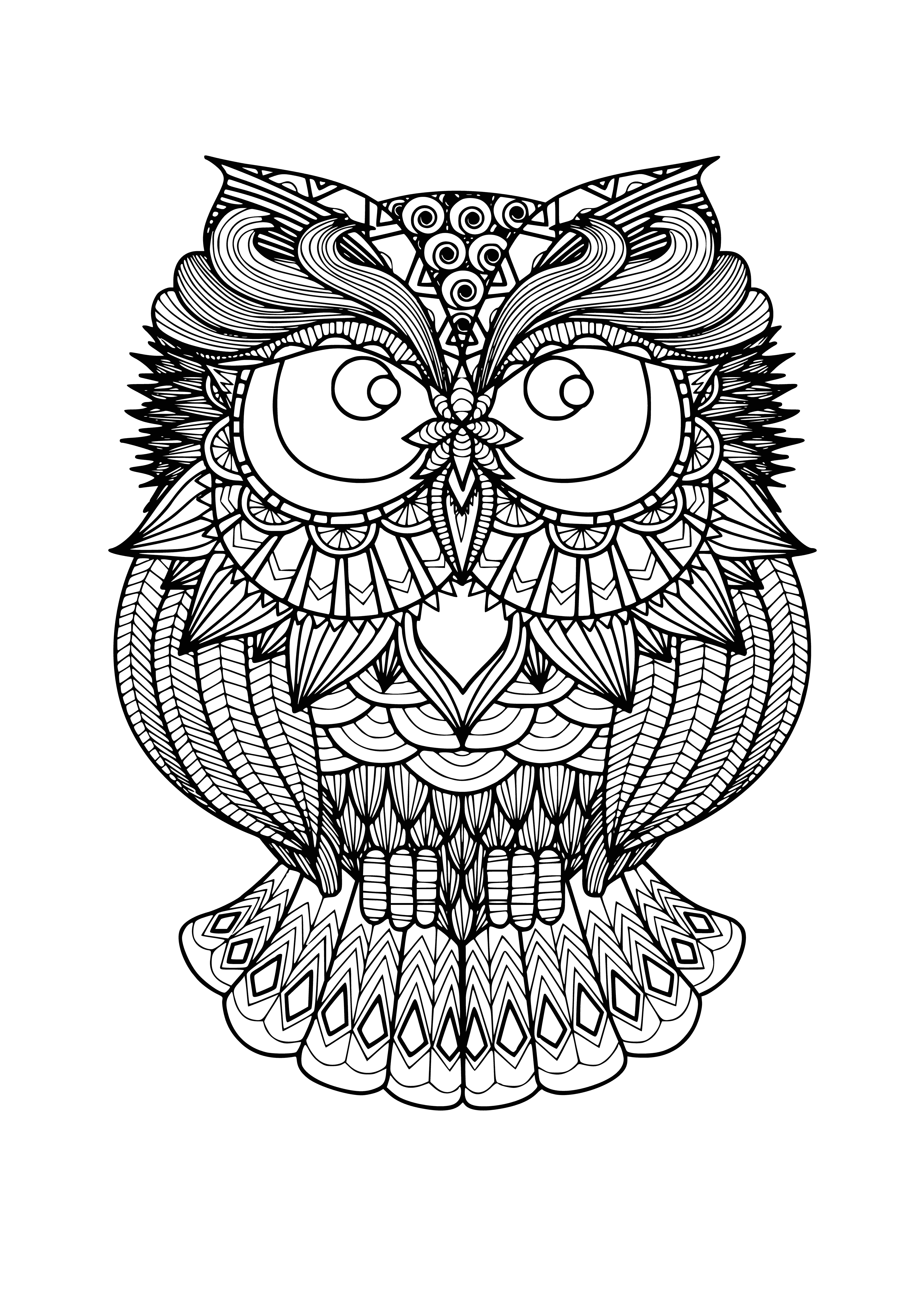 coloring page: Collec. cute owl & tranquil scene in Antistress Owls coloring page. Bright eyes, wide smile, pale brown feathers w/ pale cream belly, foliage around.