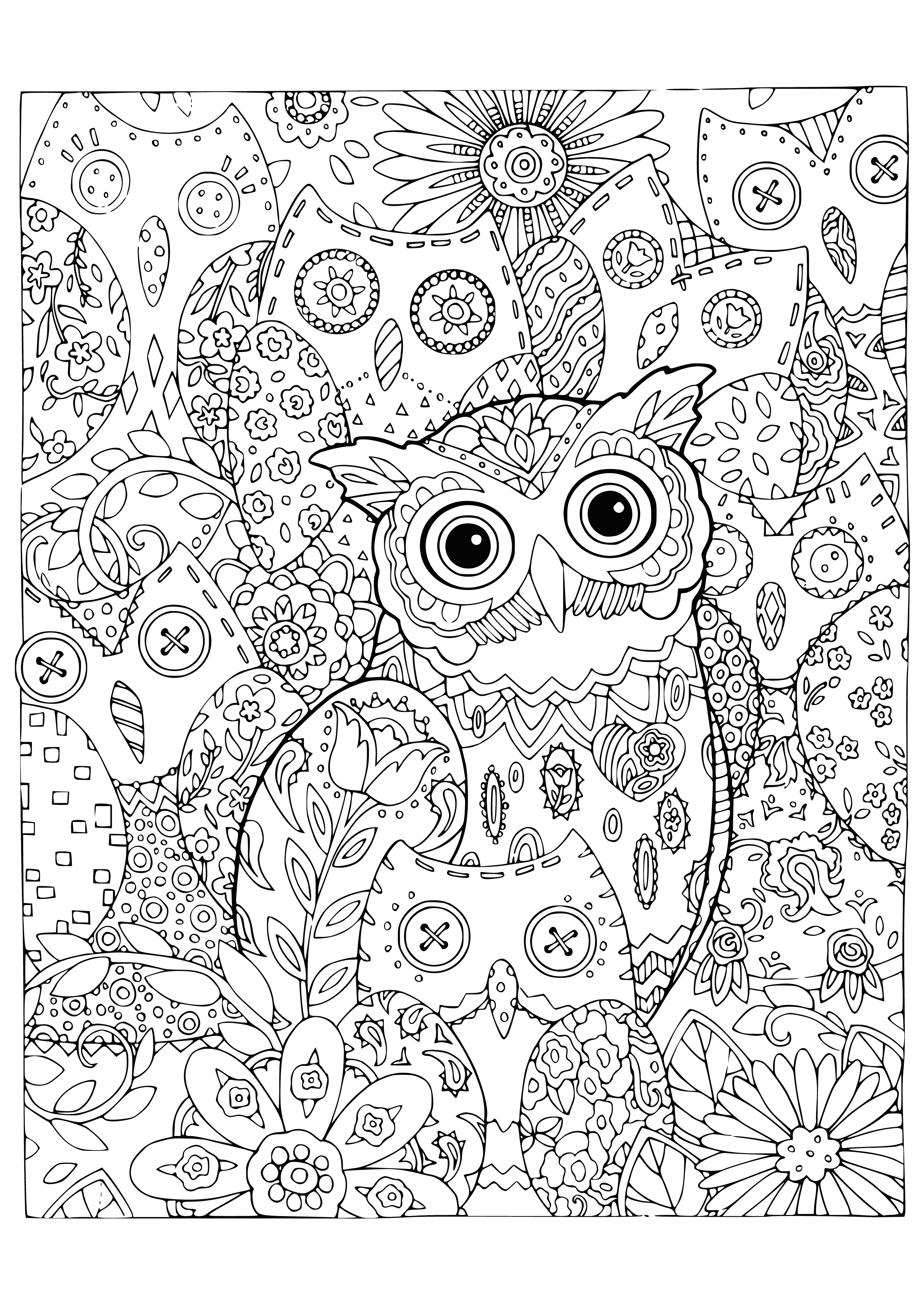 coloring page: Two owls on branches, one looking up & one looking down, with brown & gray color schemes.