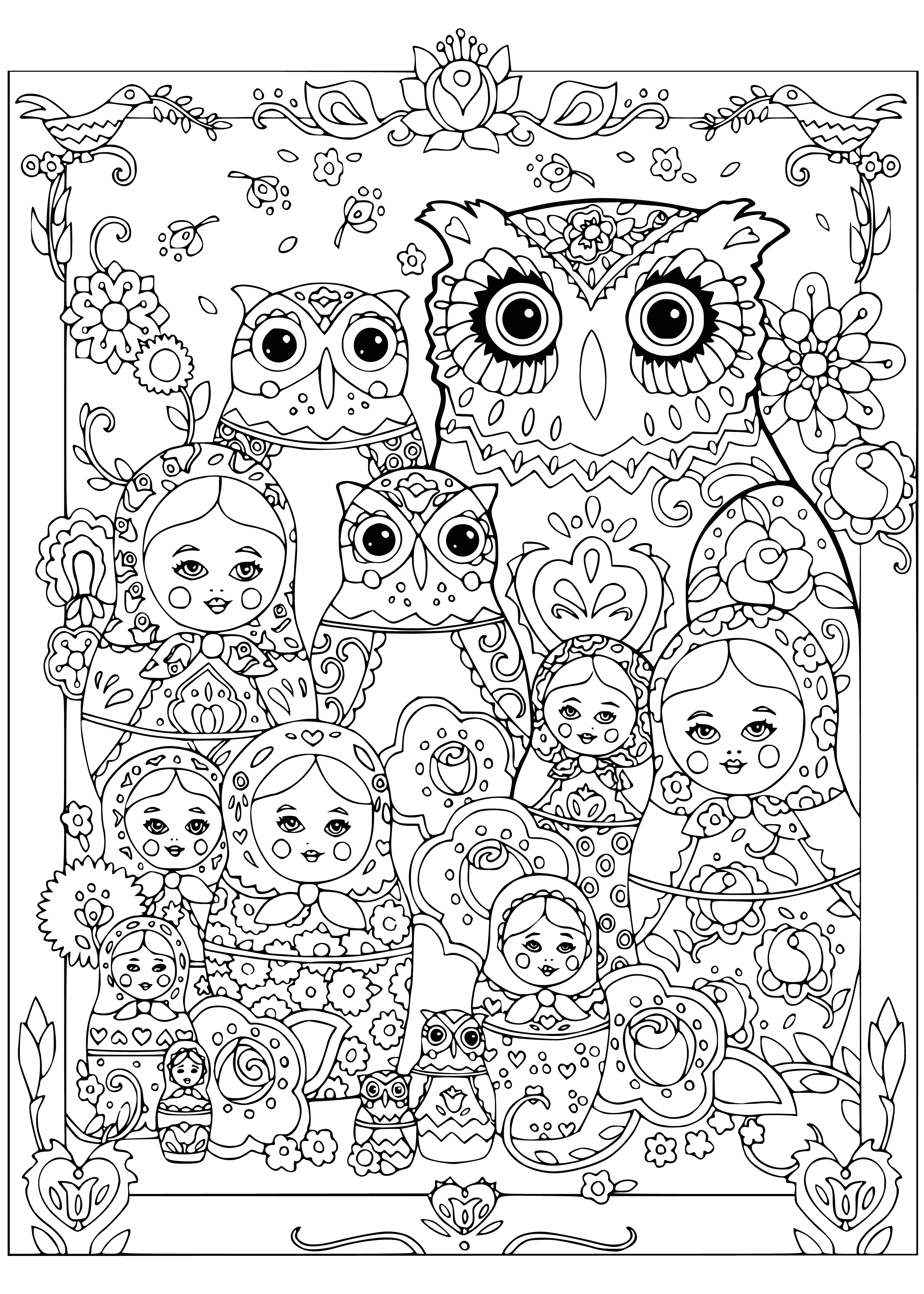 coloring page: Owls perched atop colorful nesting dolls, from large to small, with wings outstretched.