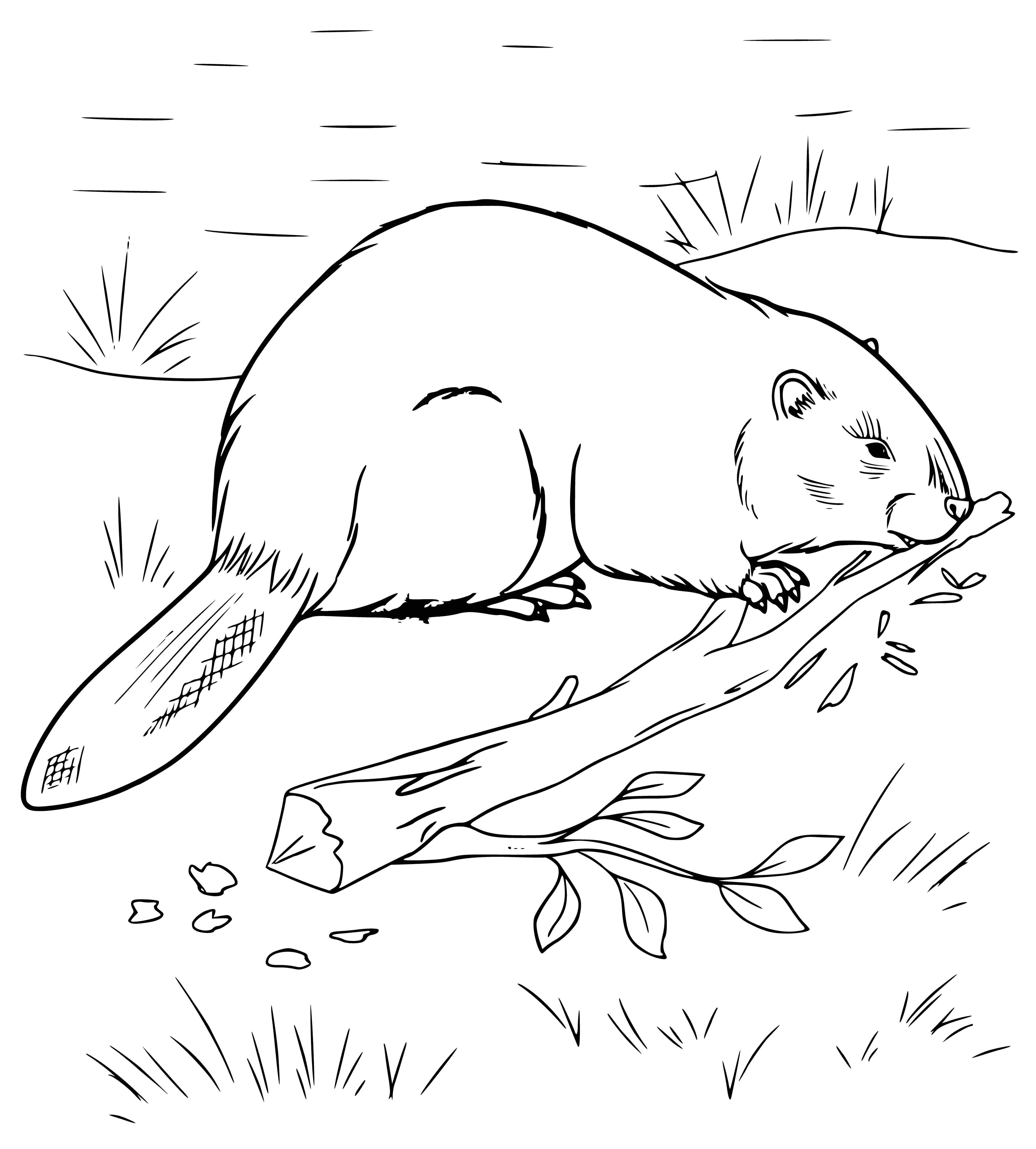 coloring page: Beaver in coloring page is brown, w/long body,flat tail,large sharp teeth; standing on hind legs, small black eyes, and big furry ears.