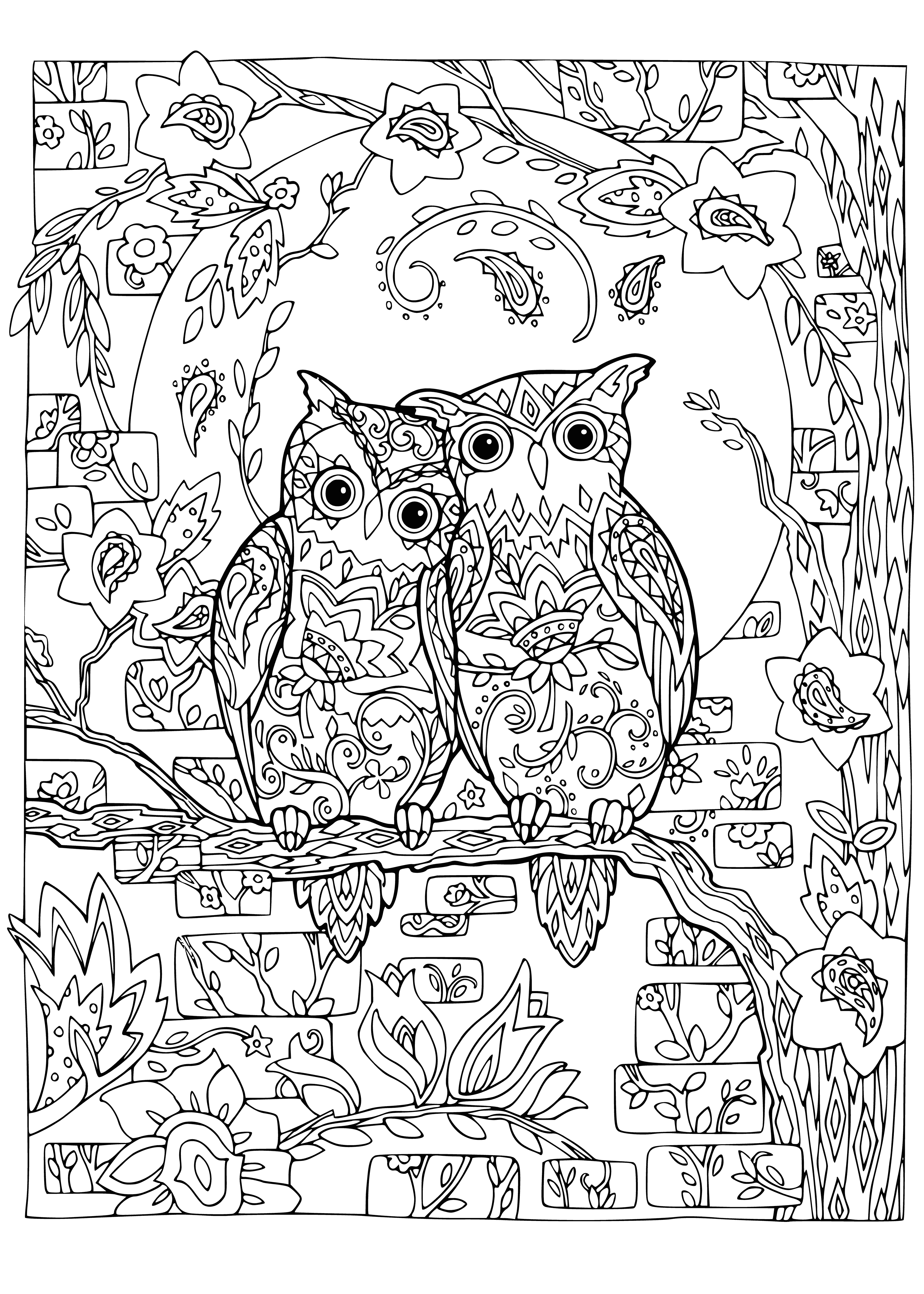 coloring page: .
Beautiful owls featured on fabric with a dreamy heart-filled sky.

Fabric featuring owls and hearts in shades of blue and purple. Perfect for dreamers!