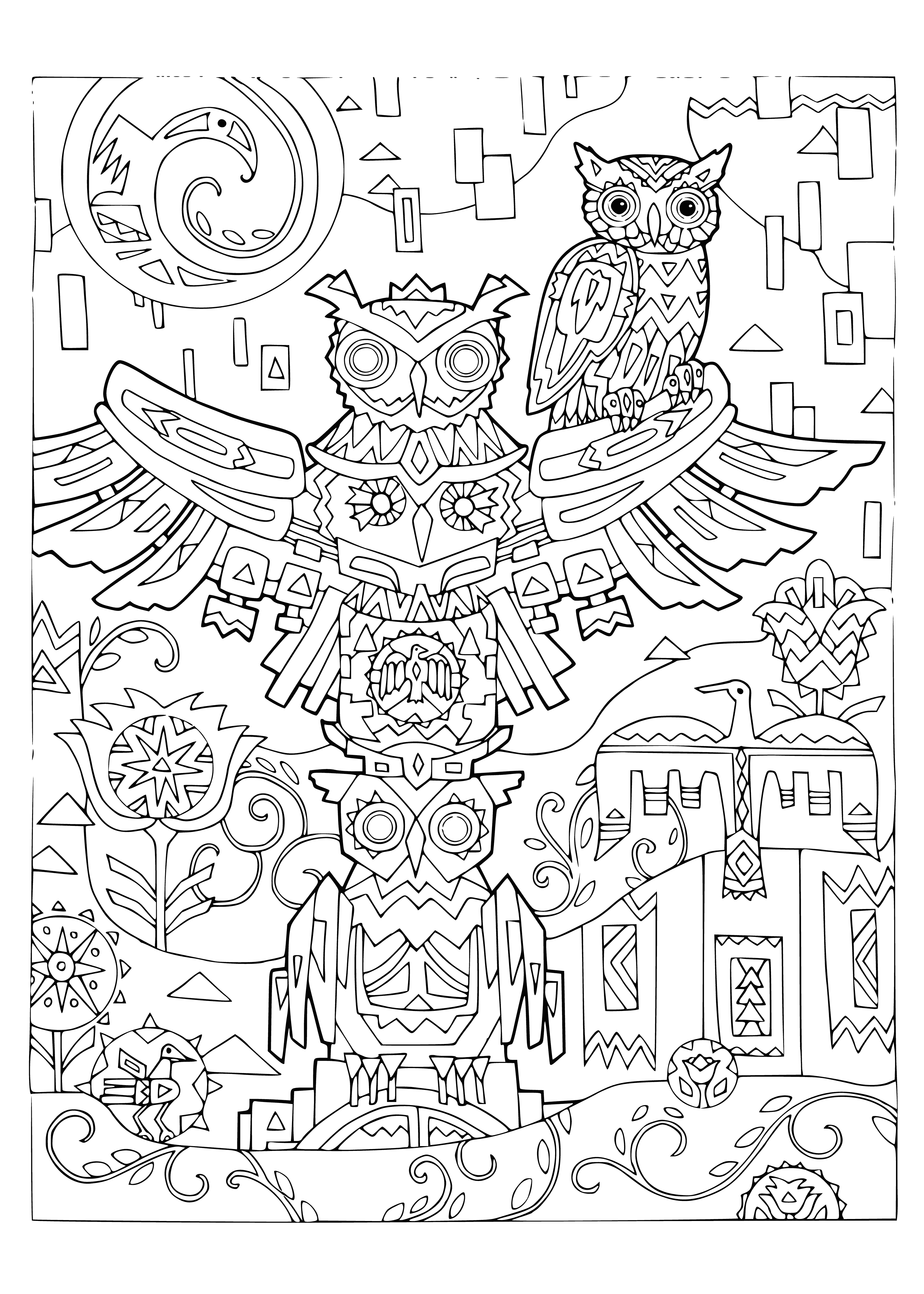 coloring page: Two owls, different sizes, staring off. Perched on a branch, swirls & patterns in background. Eyes bright & beaks small.
