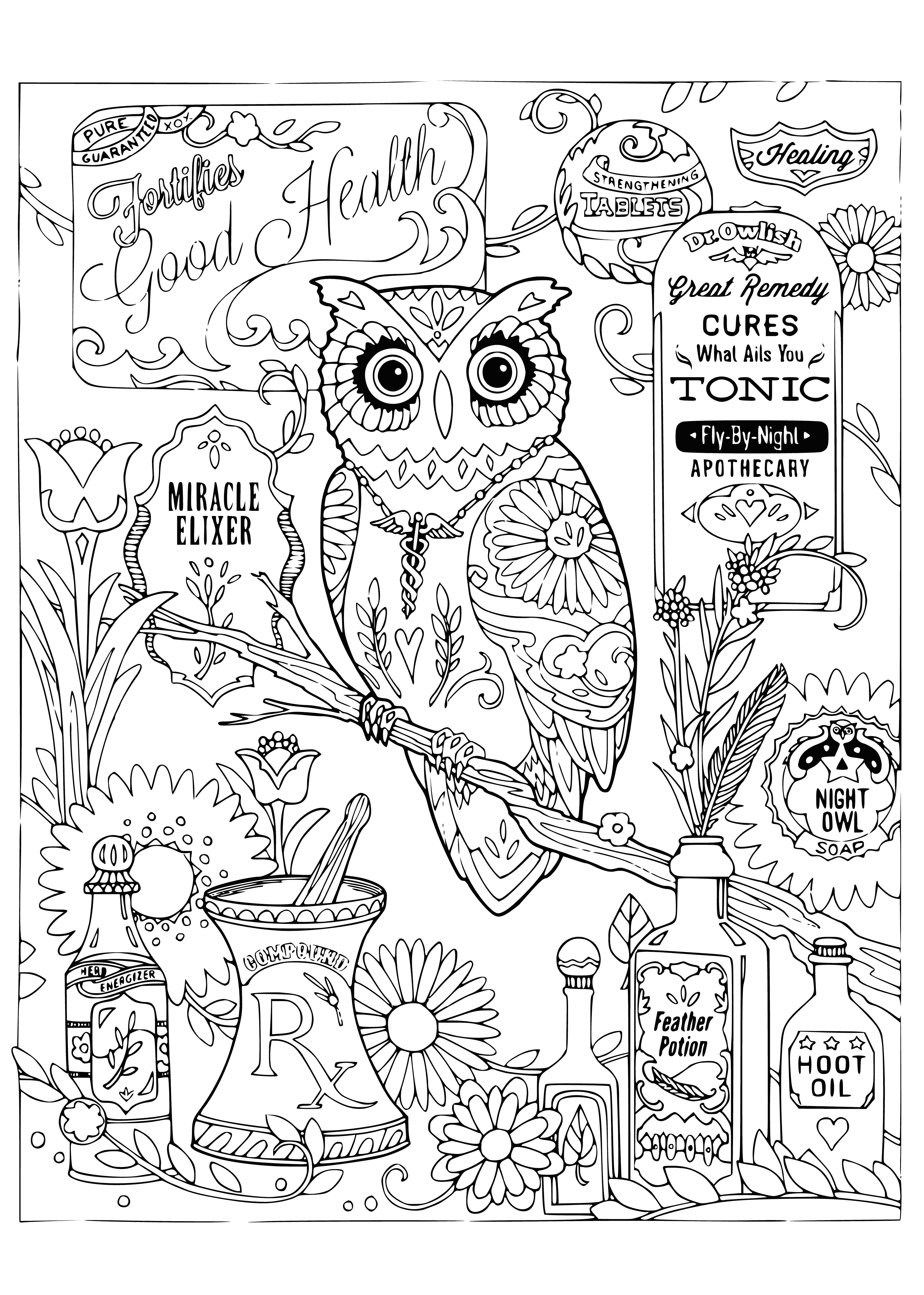 coloring page: Two content owls sitting atop books & mortar/pestle with closed eyes. Soft gradient of blue makes for a calming atmosphere.