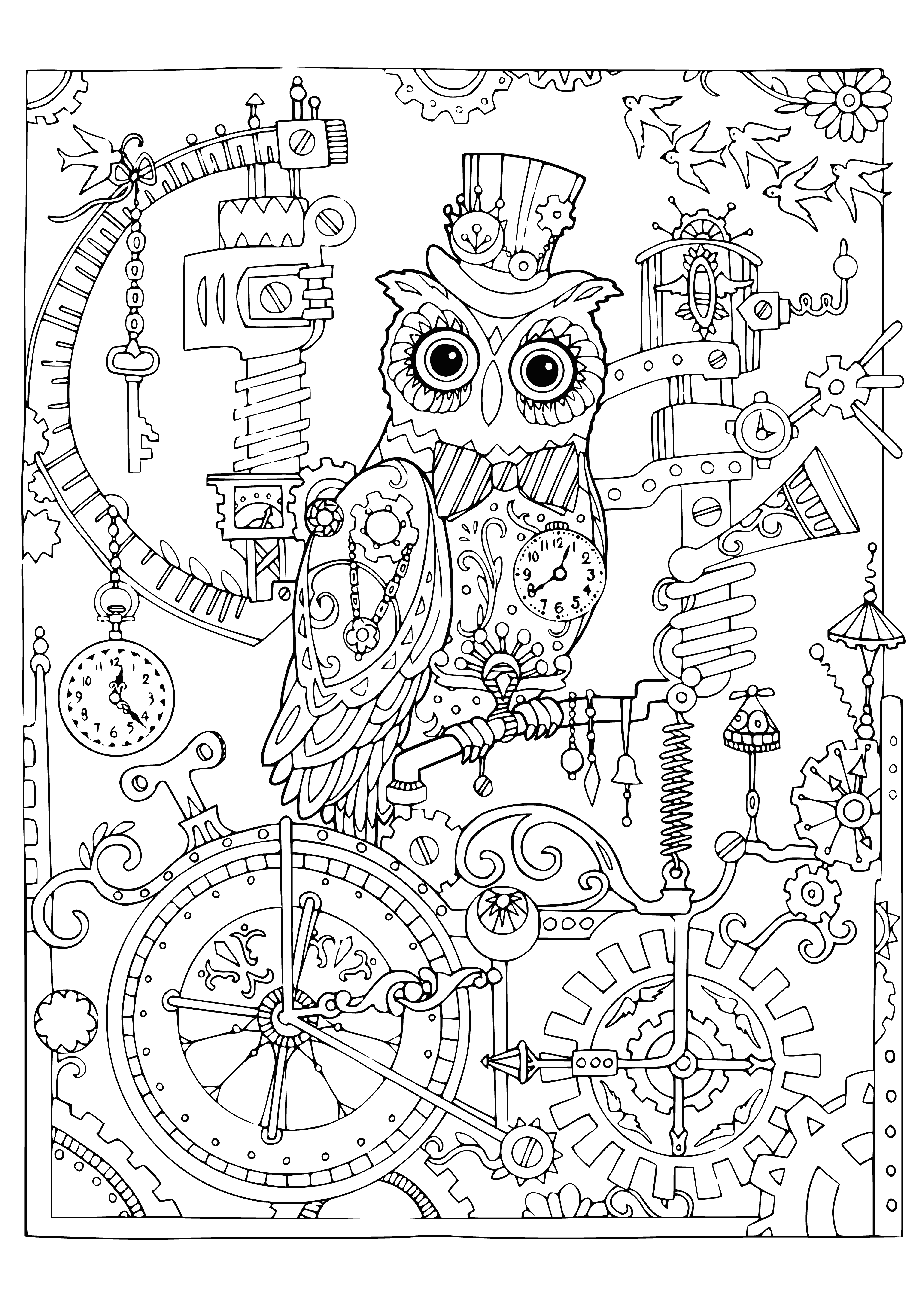 coloring page: Two owls w/eyes closed & gears on wings, one has watch on its foot, sitting on a branch. #coloringpage #owlsarecute