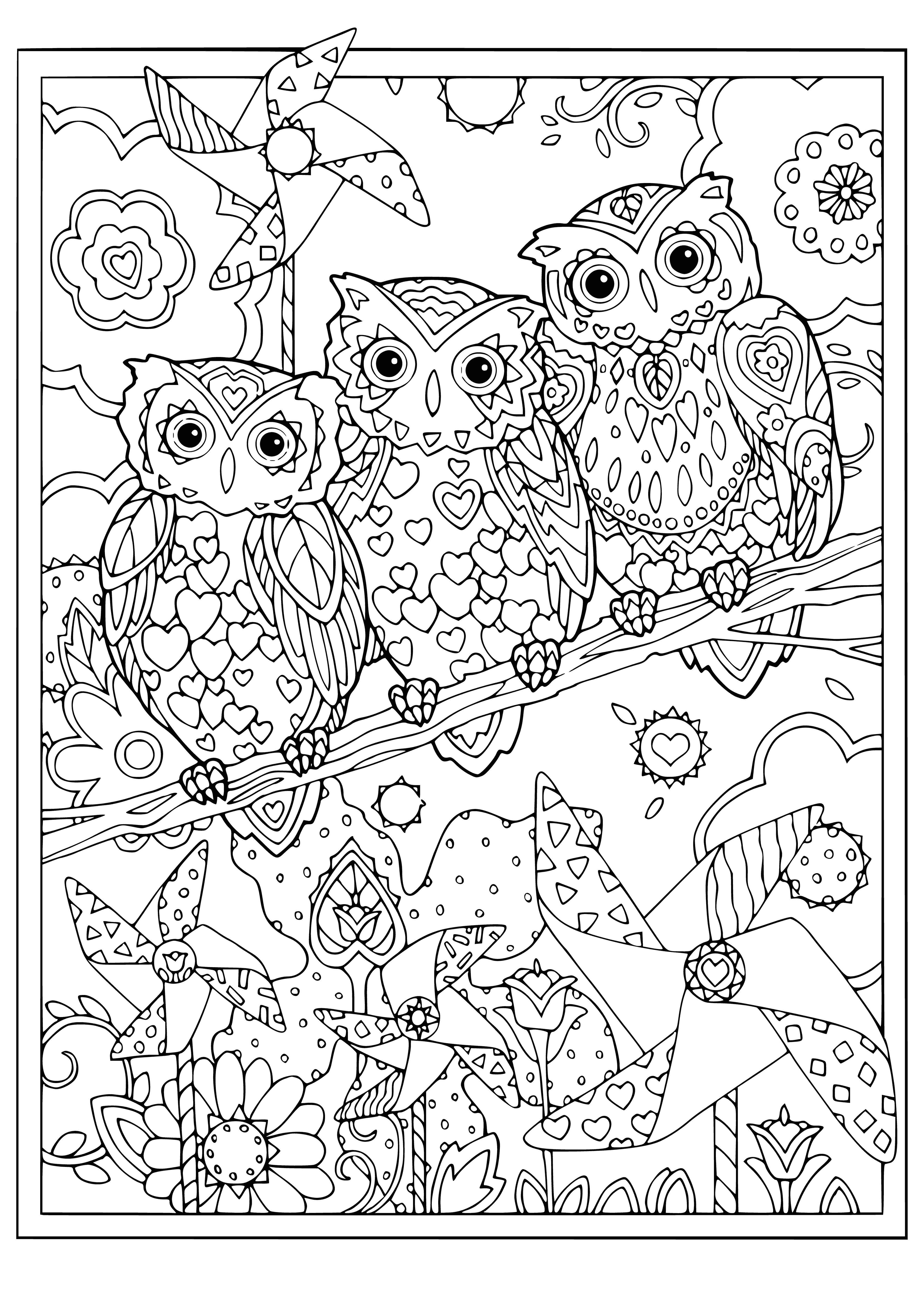 coloring page: Spiral of shapes surround two owls with big eyes in a trance-like state in a multi-colored setting. #colorpage #birdlovers