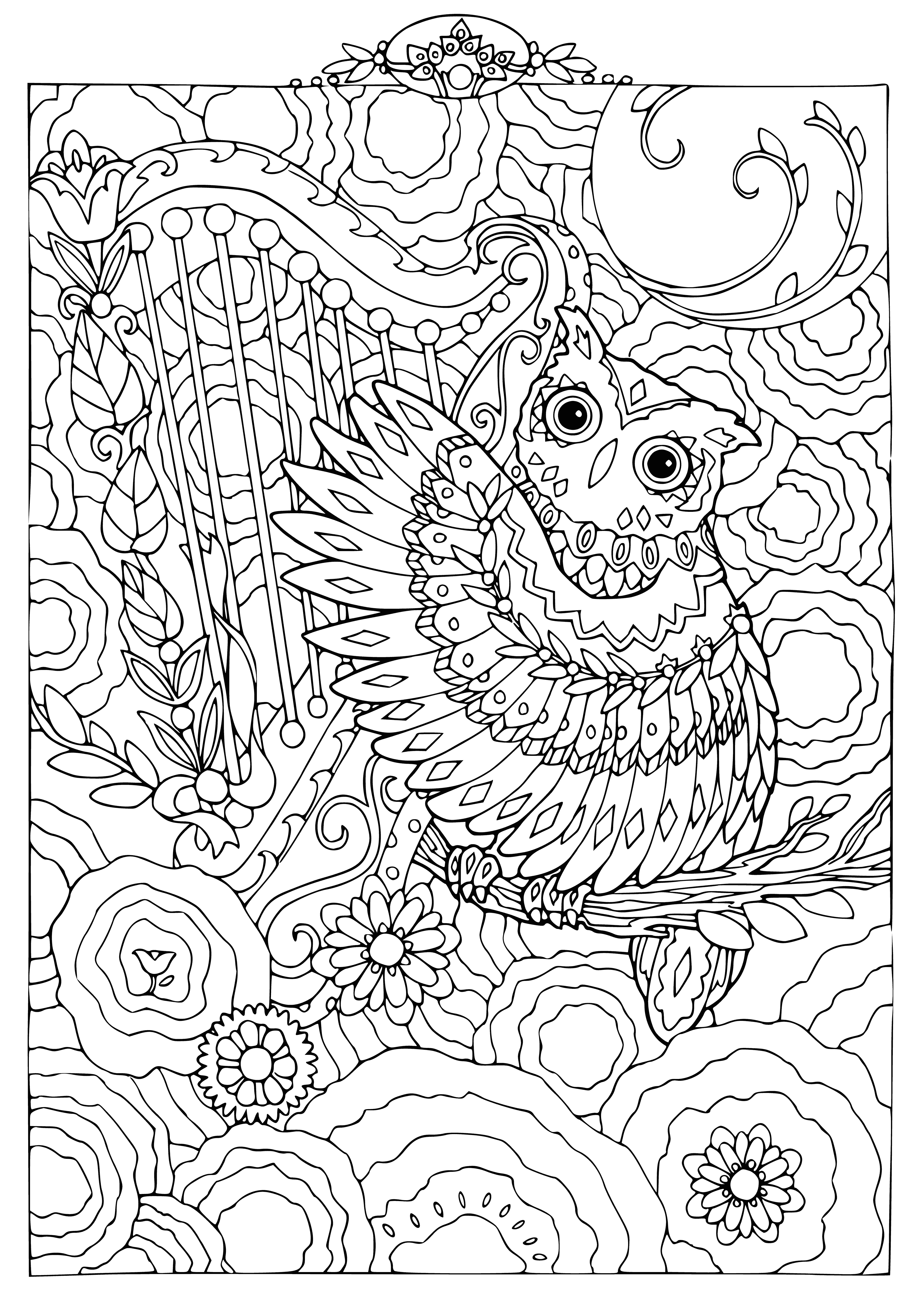 coloring page: Two owls looking into the distance, one perched & one in the air, decorated with patterns & designs.