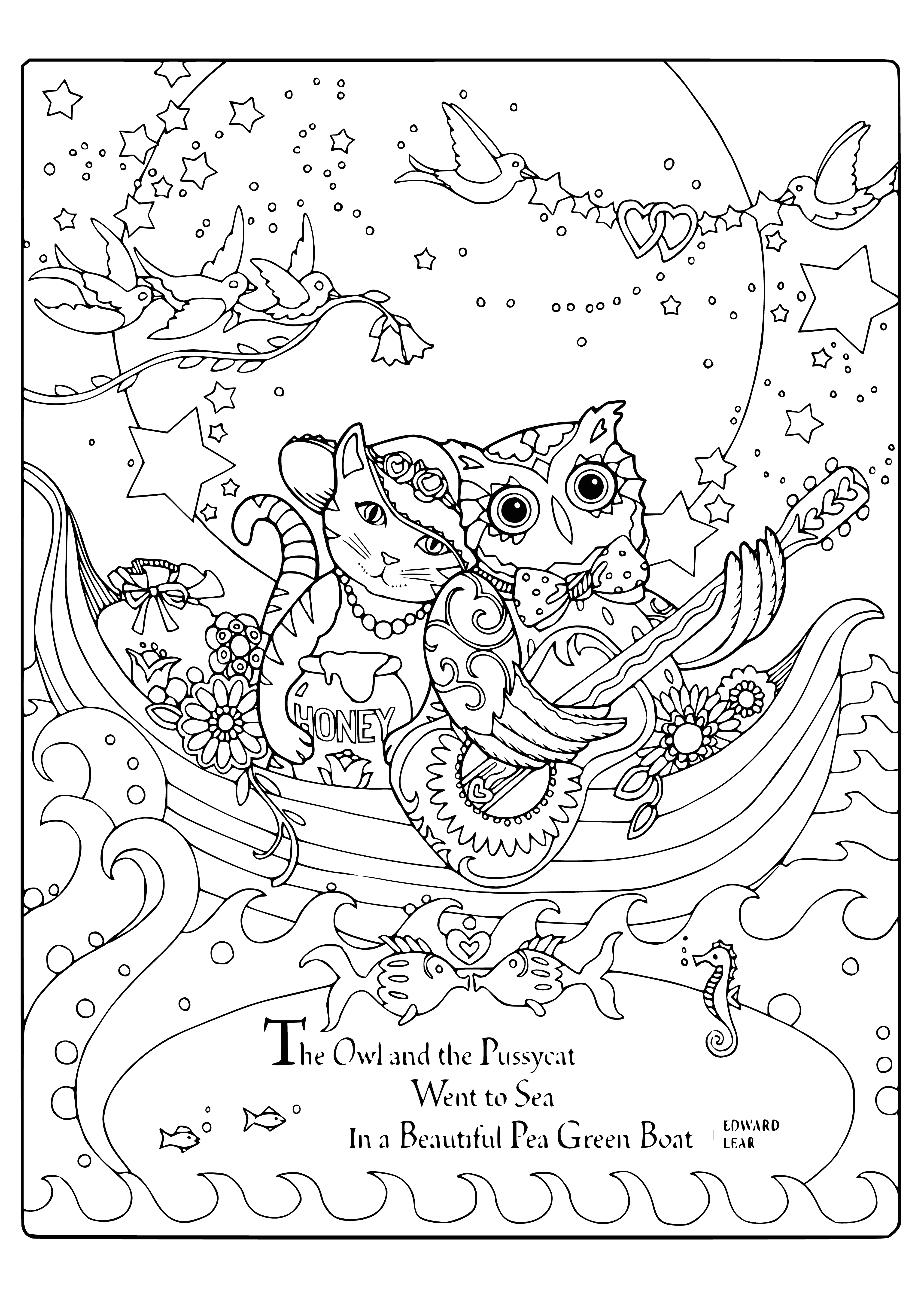 coloring page: Two owls paddle a calm lake, tree-lined hills in the distance. One owl paddles with a stick, the other hangs on tight.