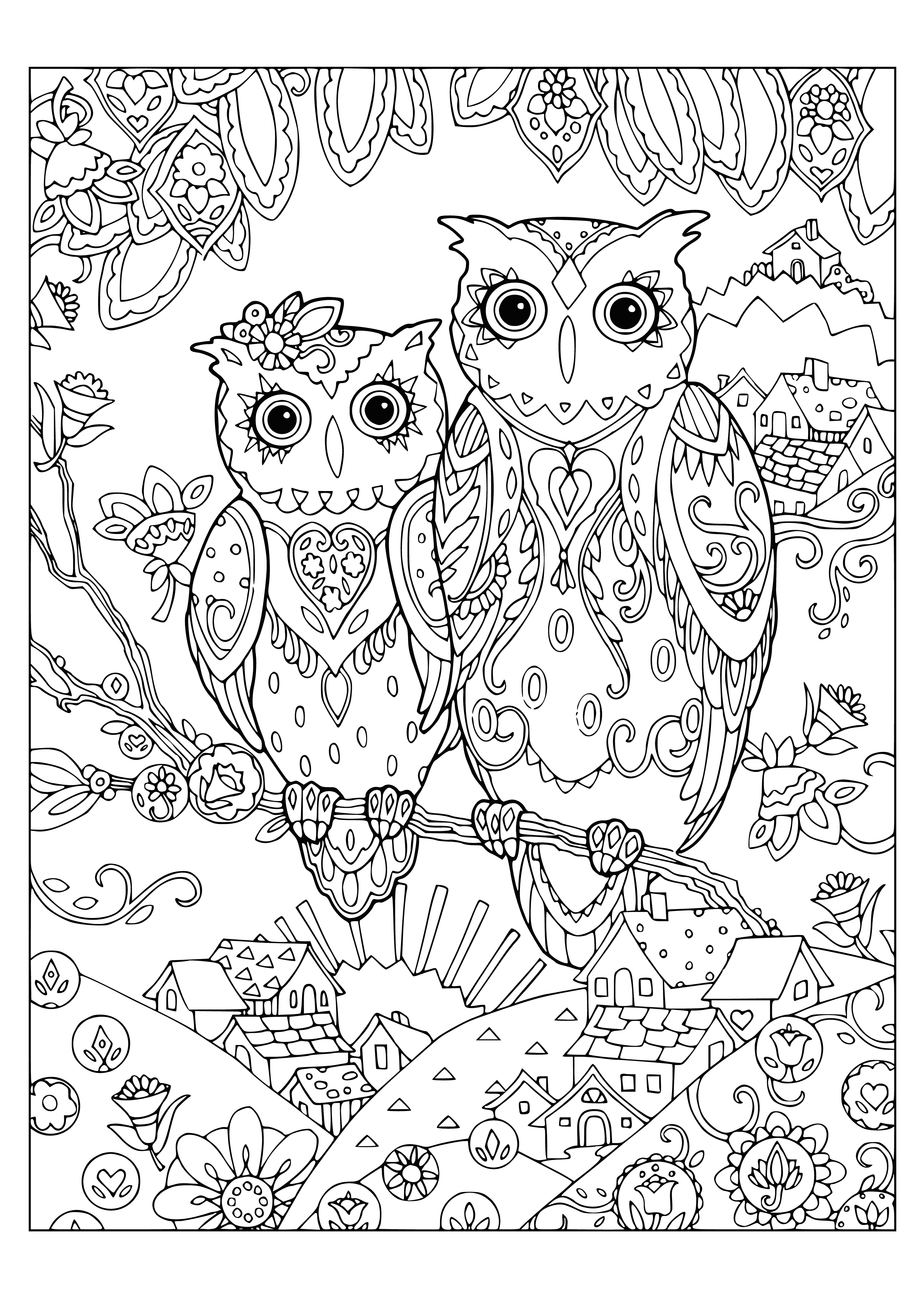 coloring page: A big owl in the center, surrounded by smaller colorful owls, with trees & flowers in the background: a peaceful coloring page to color & enjoy!