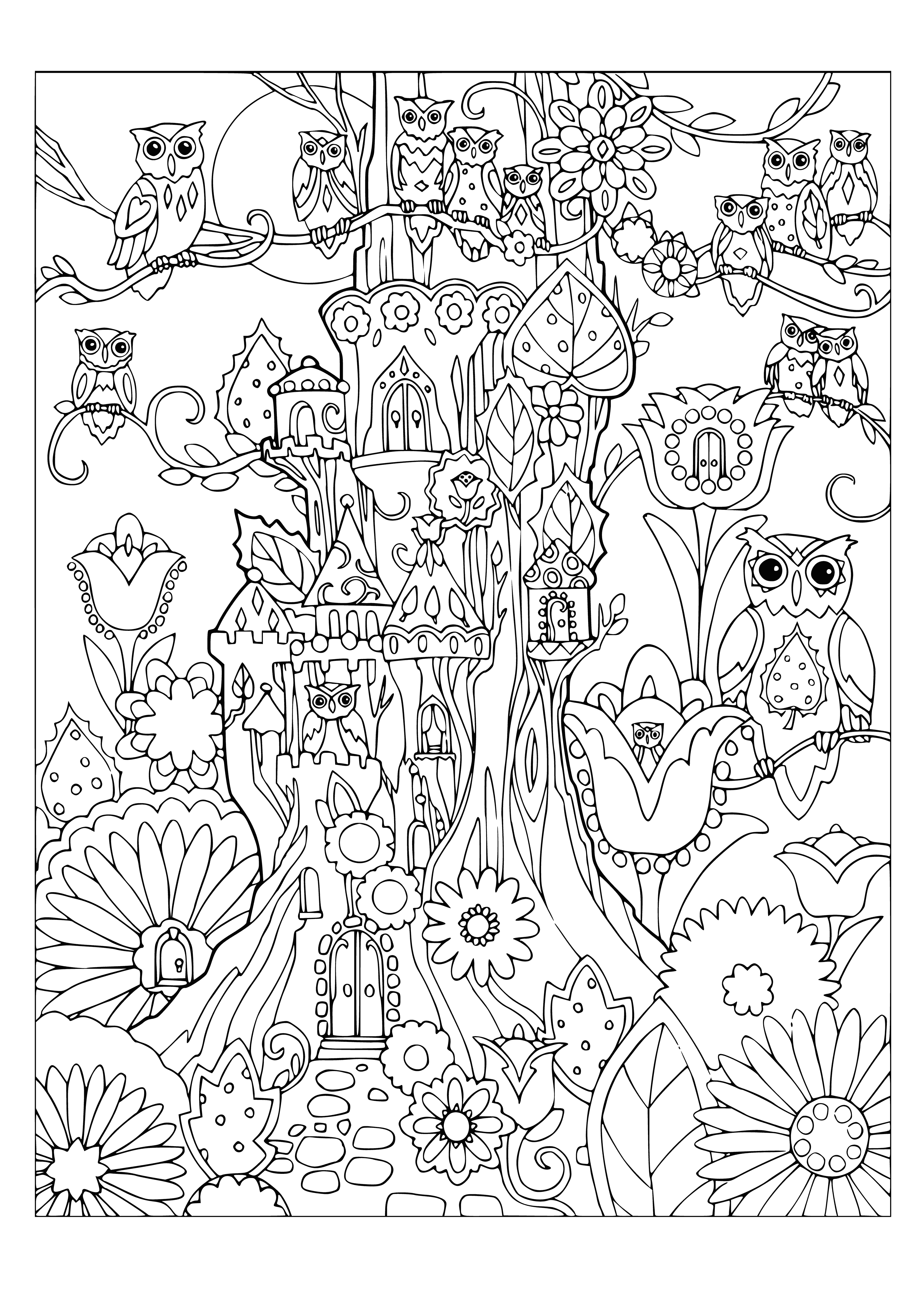 coloring page: A tree house in a big tree has a window, door with a ladder, and an owl on the roof.