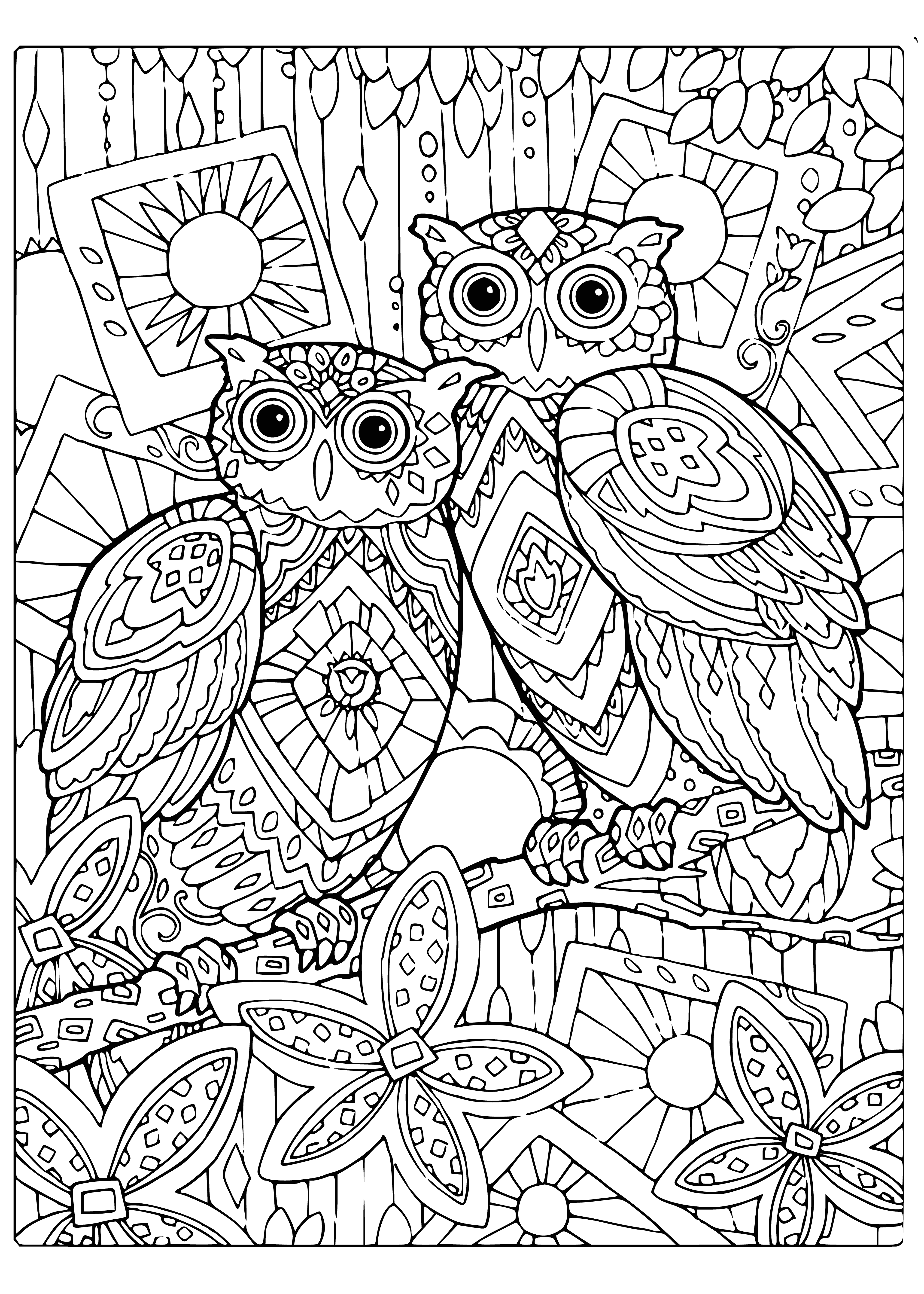 Owls on a branch coloring page